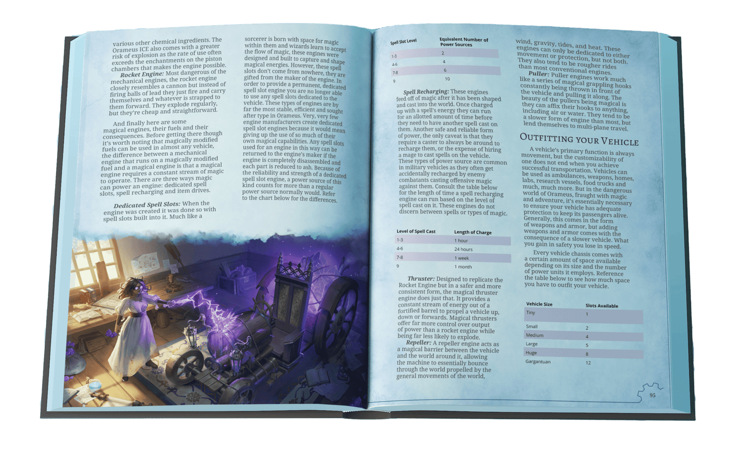 Interior spread from Guillman’s Guide to Speed showing vehicle design rules and art of a woman putting magic in an old wooden car.