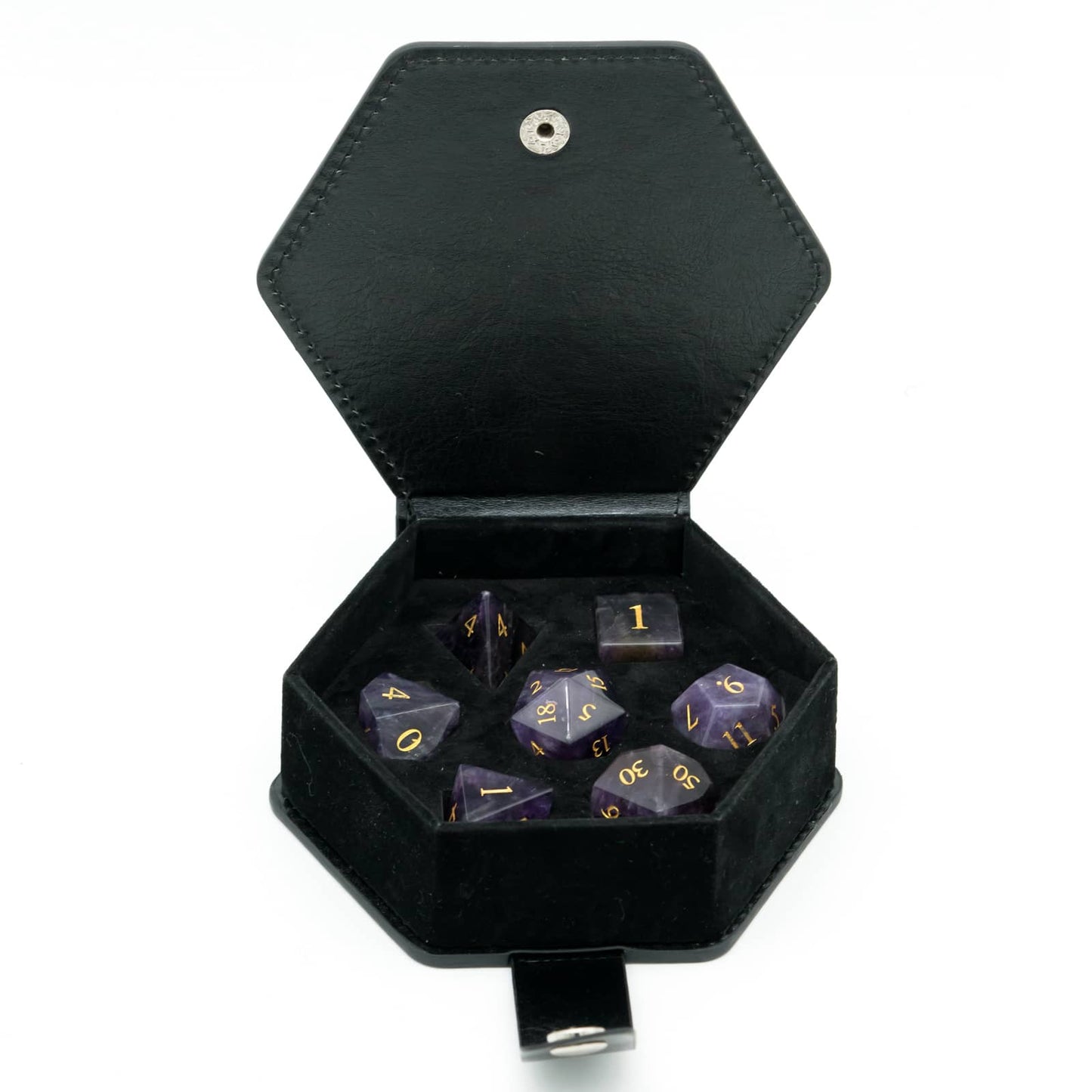 Amethyst Essence Stone Dice Set stored in black hexagon dice case for trpg and dnd