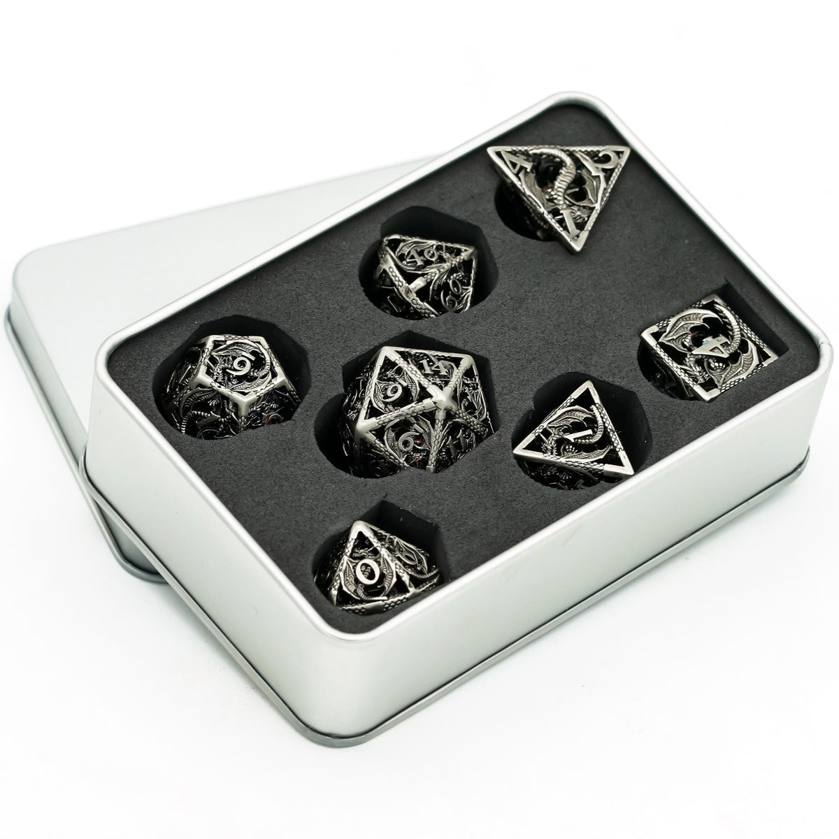 Ancient Silver Dragon hollow metal dice set displayed in protective metal case