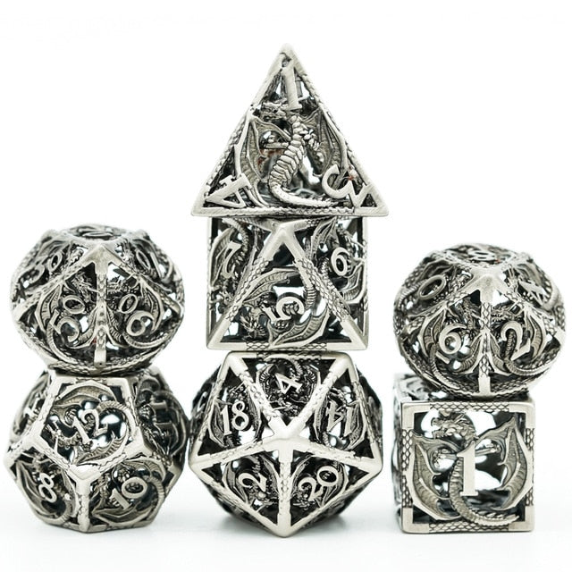 Ancient Silver Dragon full hollow metal dice set displayed for DND and fantasy TTRPGs