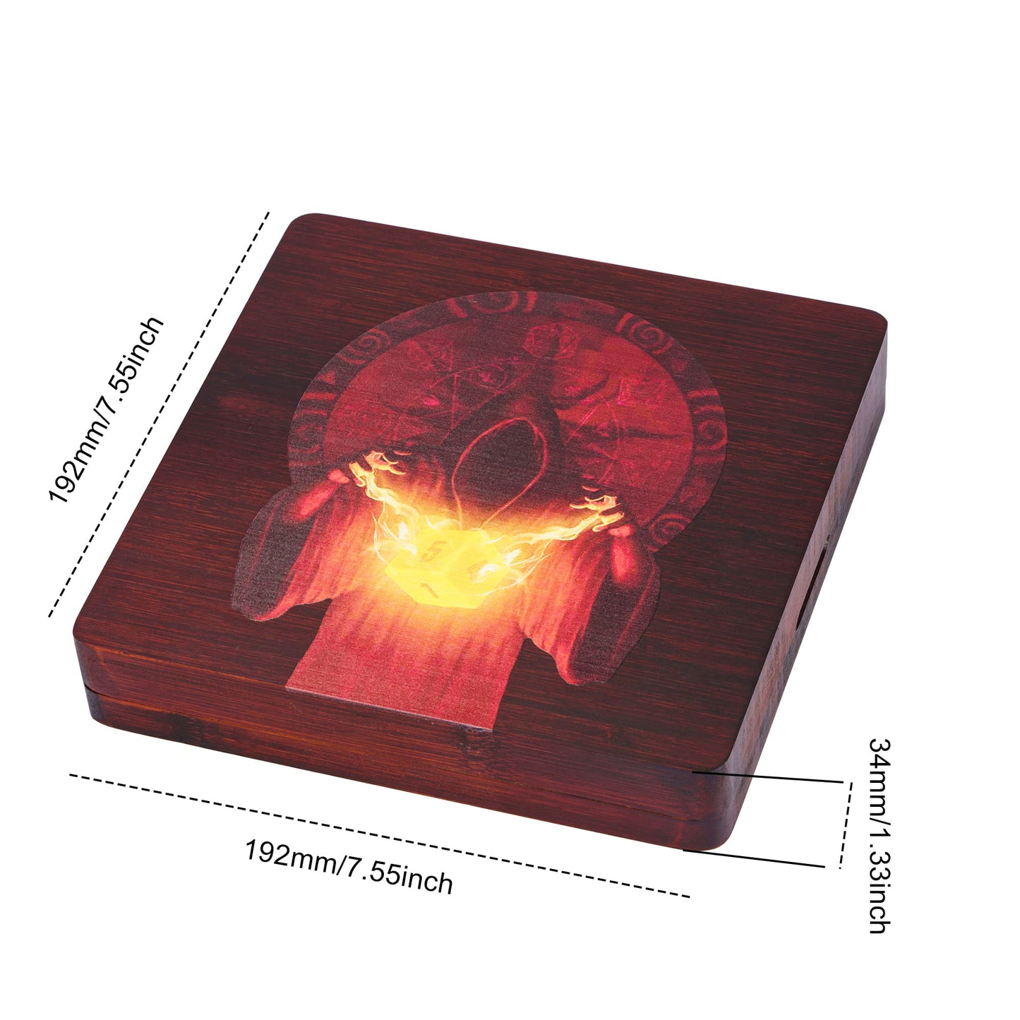 Wooden Arcane Enclave dice tray & case with engraved mage design and size dimensions shown
