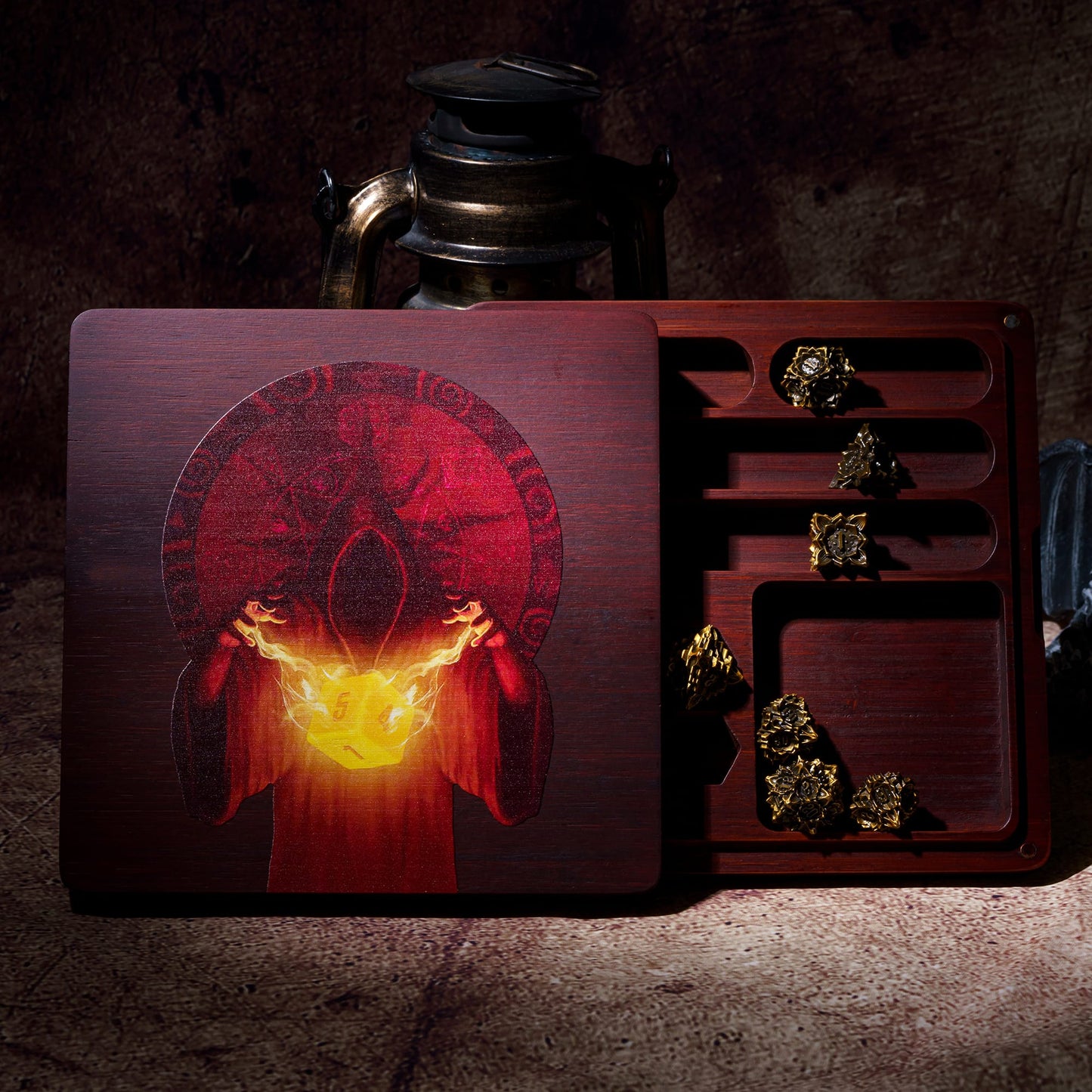 Open Arcane Enclave dice tray showing multiple storage slots for dice and accessories