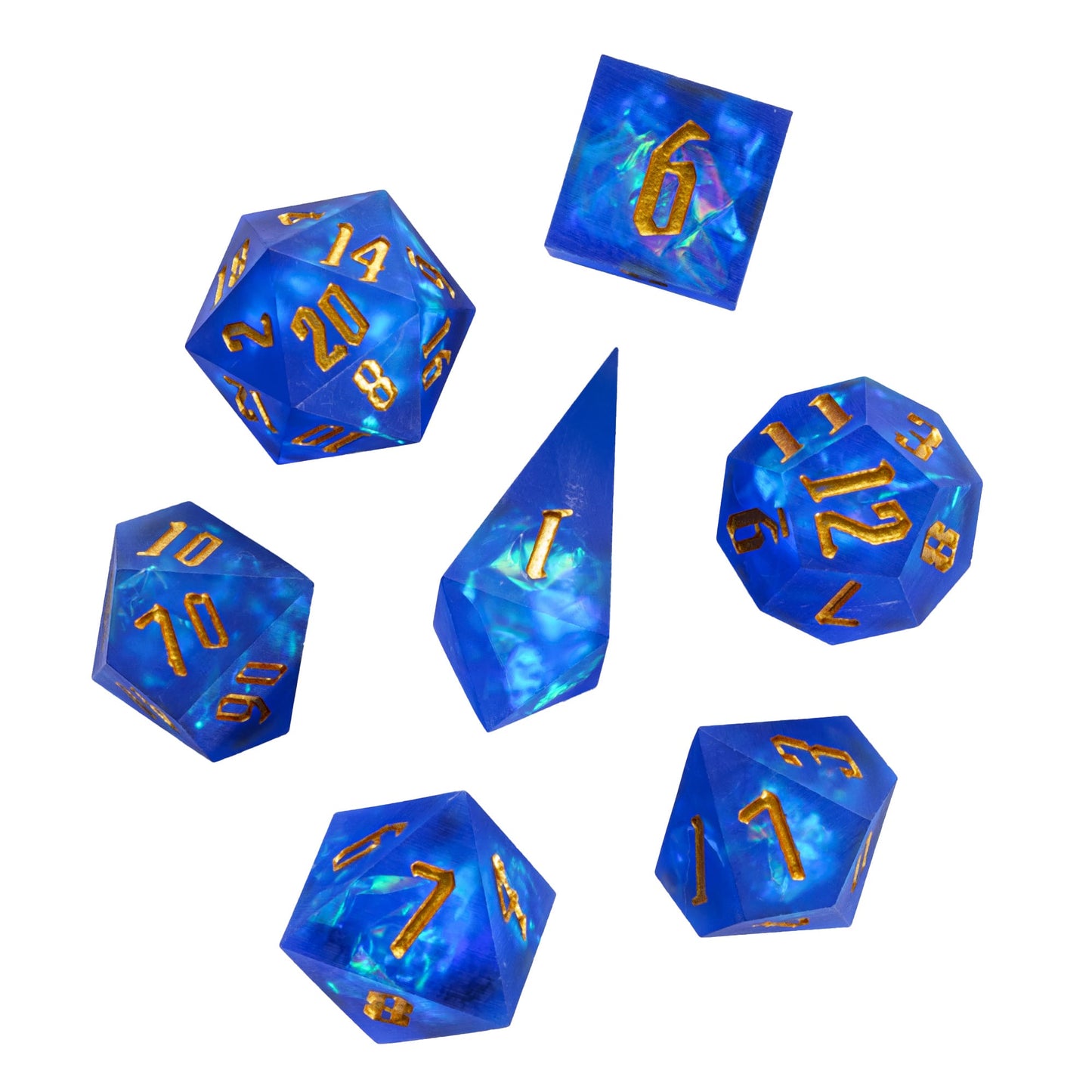 Complete Azure Abyss Sharp Edge Dice Set with all dice glowing blue for DnD & DnD 5e