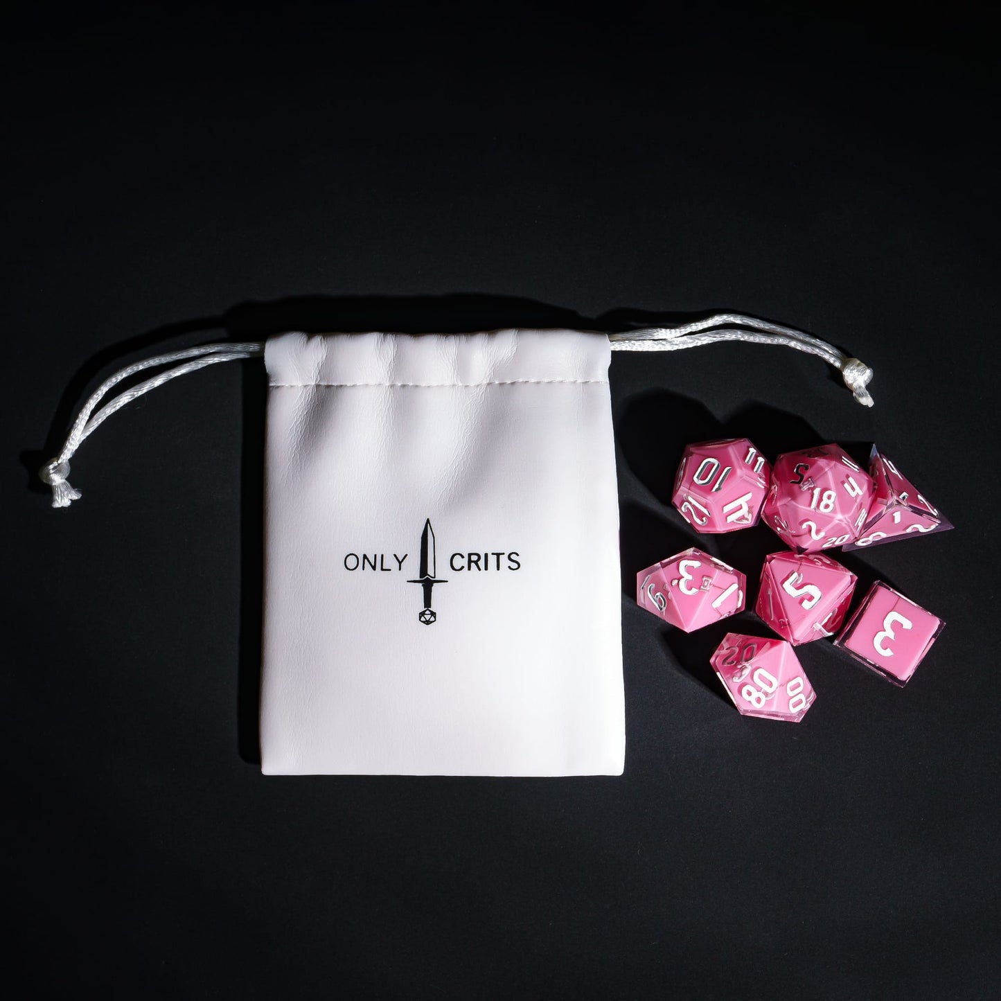 Pink Barbarian Dice Set with Only Crits bag, pastel 7 piece sharp edge dice for DND 5e
