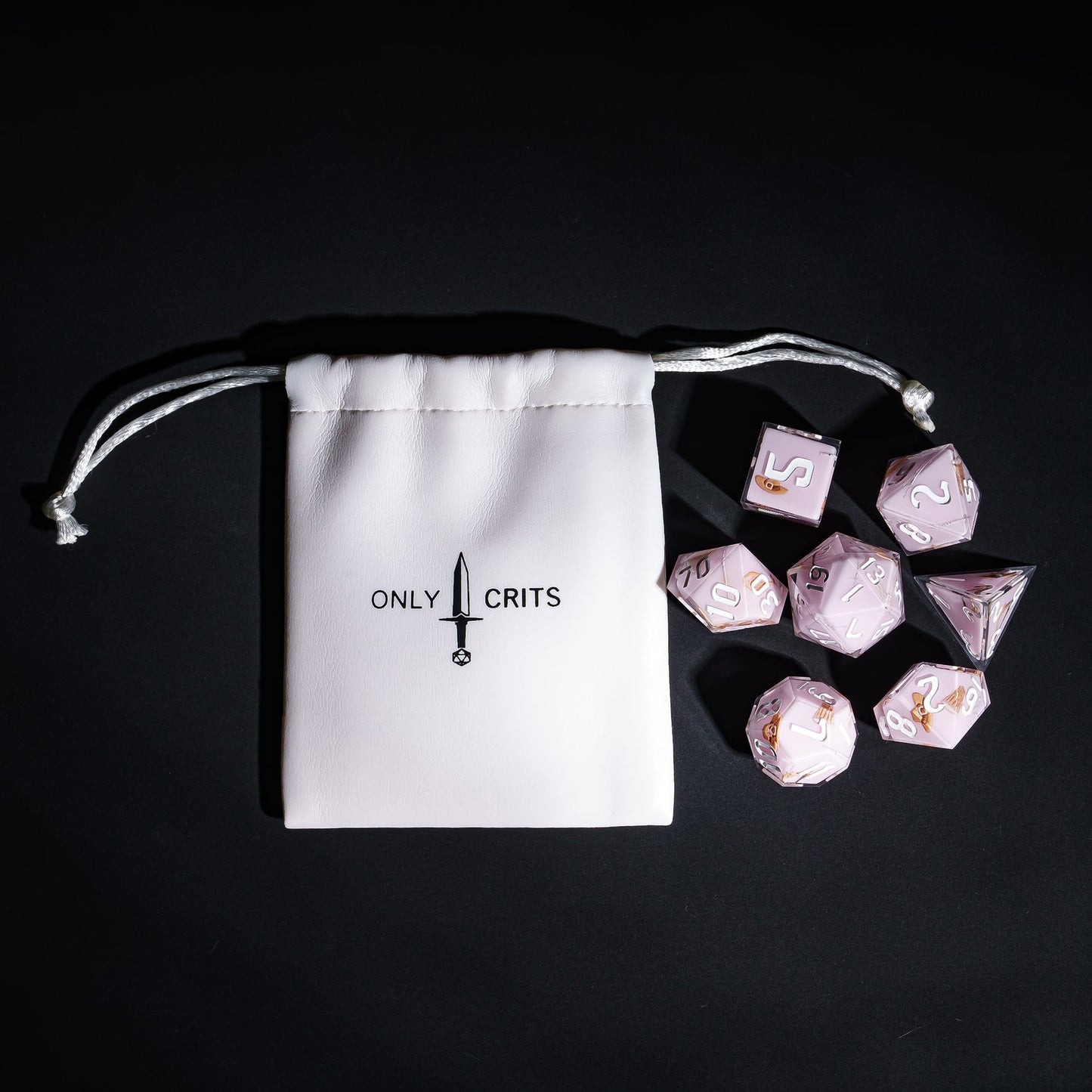 Light pink Bard Dice Set with Only Crits bag, pastel 7 piece sharp edge dice for DND 5e