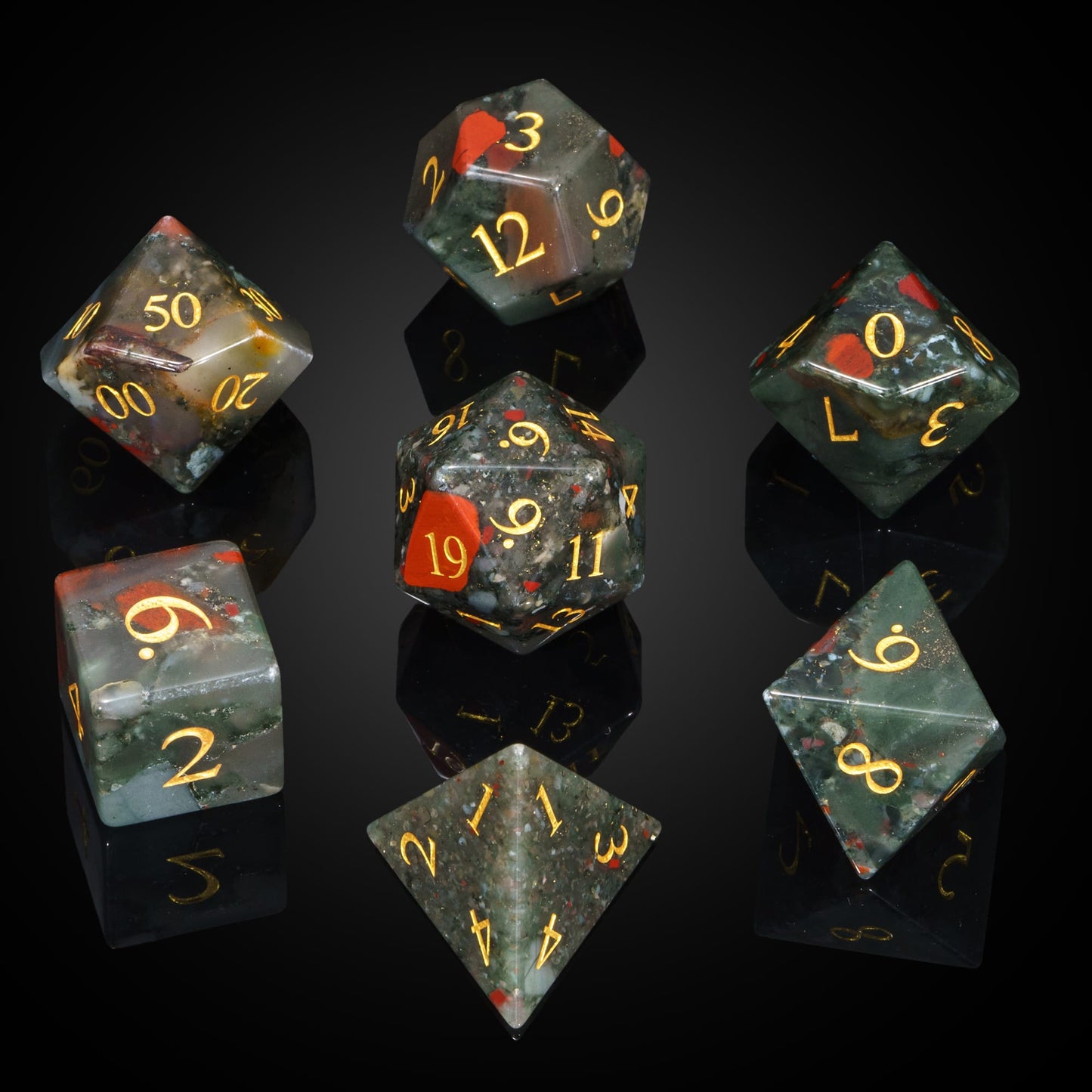 Blood Hex stone dice set for DnD & DnD 5e, full 7 piece polyhedral RPG dice set