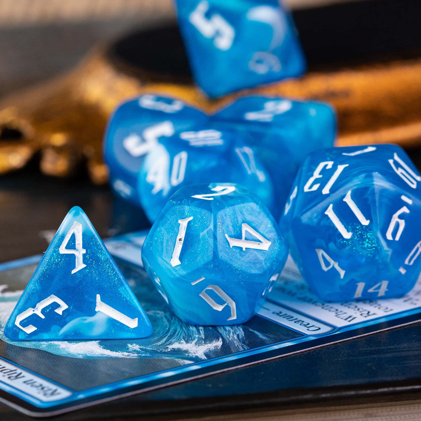 Blue Ice Dice Set shimmering resin polyhedral dice with white ink for DnD & tabletop RPGs