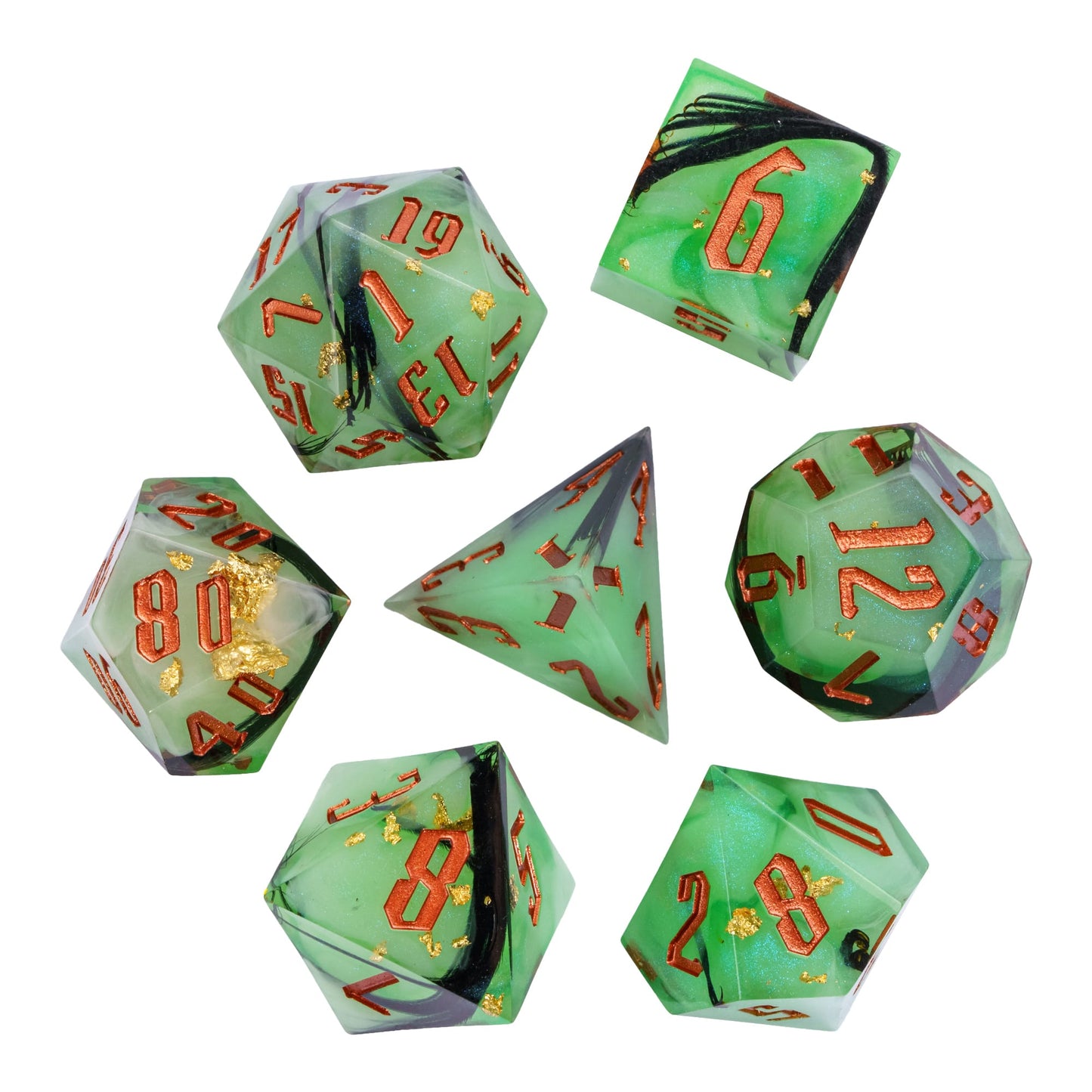 Flat lay of Bog Hag Sharp Edge Dice Set 7 piece resin dice collection for DnD and DnD 5e