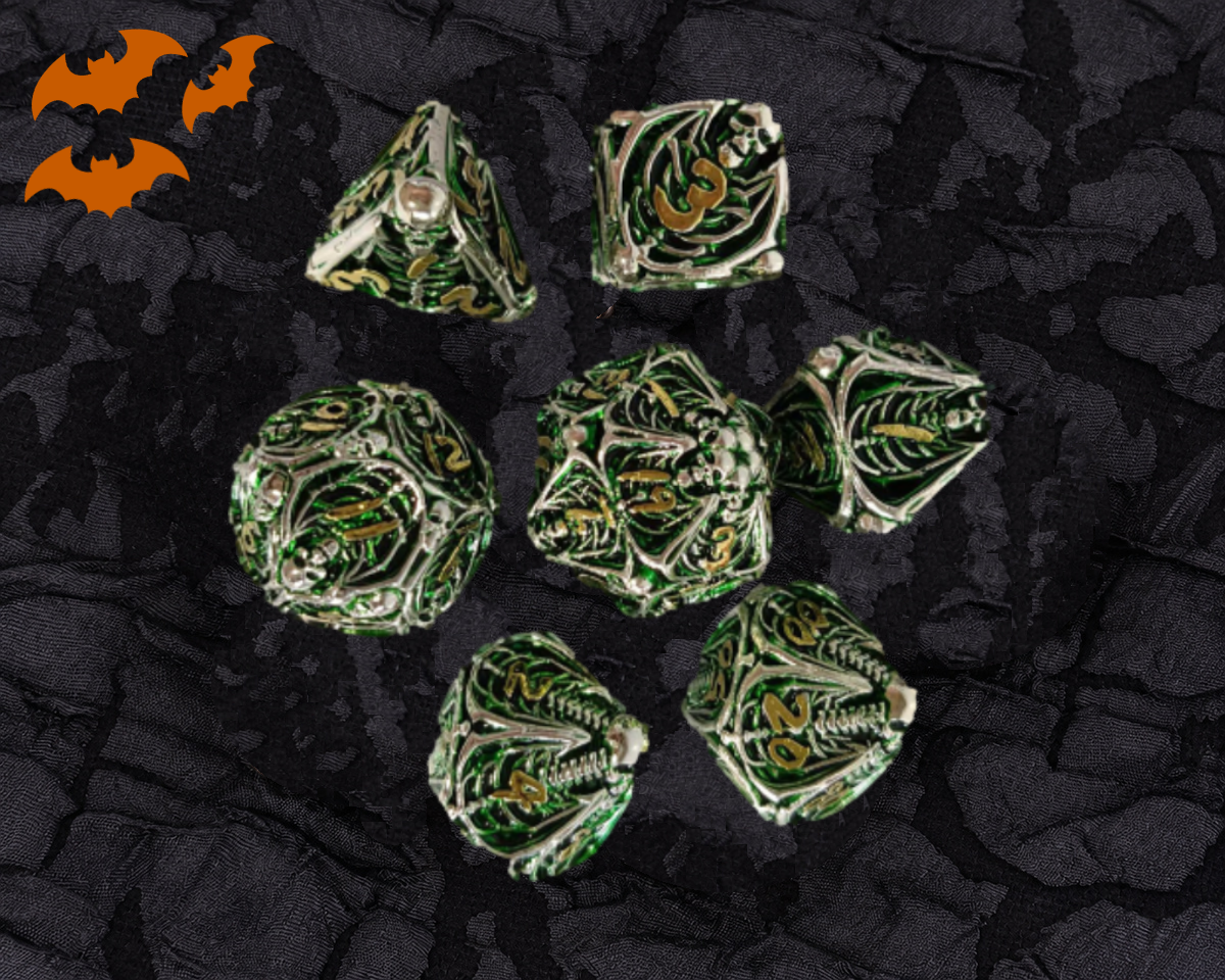 Bone Crypt metal DnD dice set with skeletal ribcage designs over green enamel and gold numbers