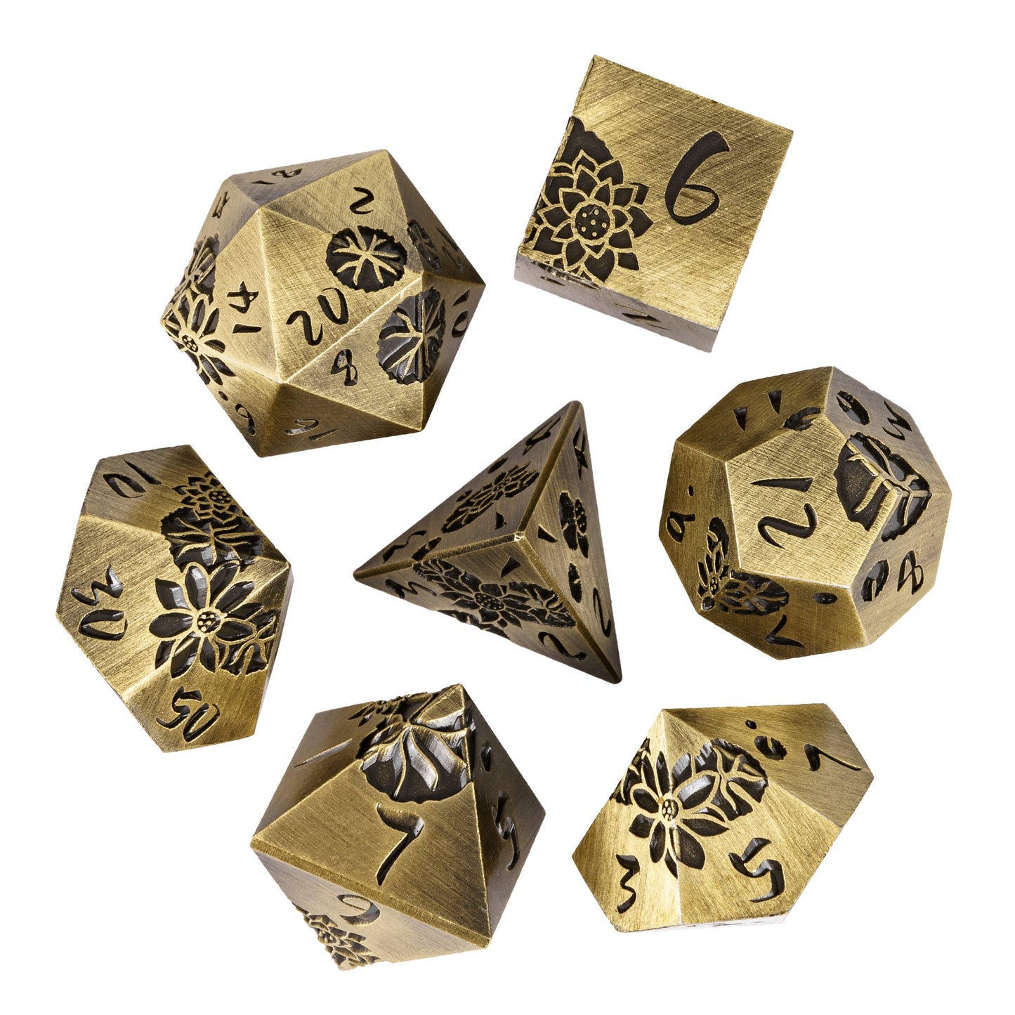 Flat lay of Brass Lotus Blossom Metal Dice Set 7 piece floral engraved collection for DnD & DnD 5e