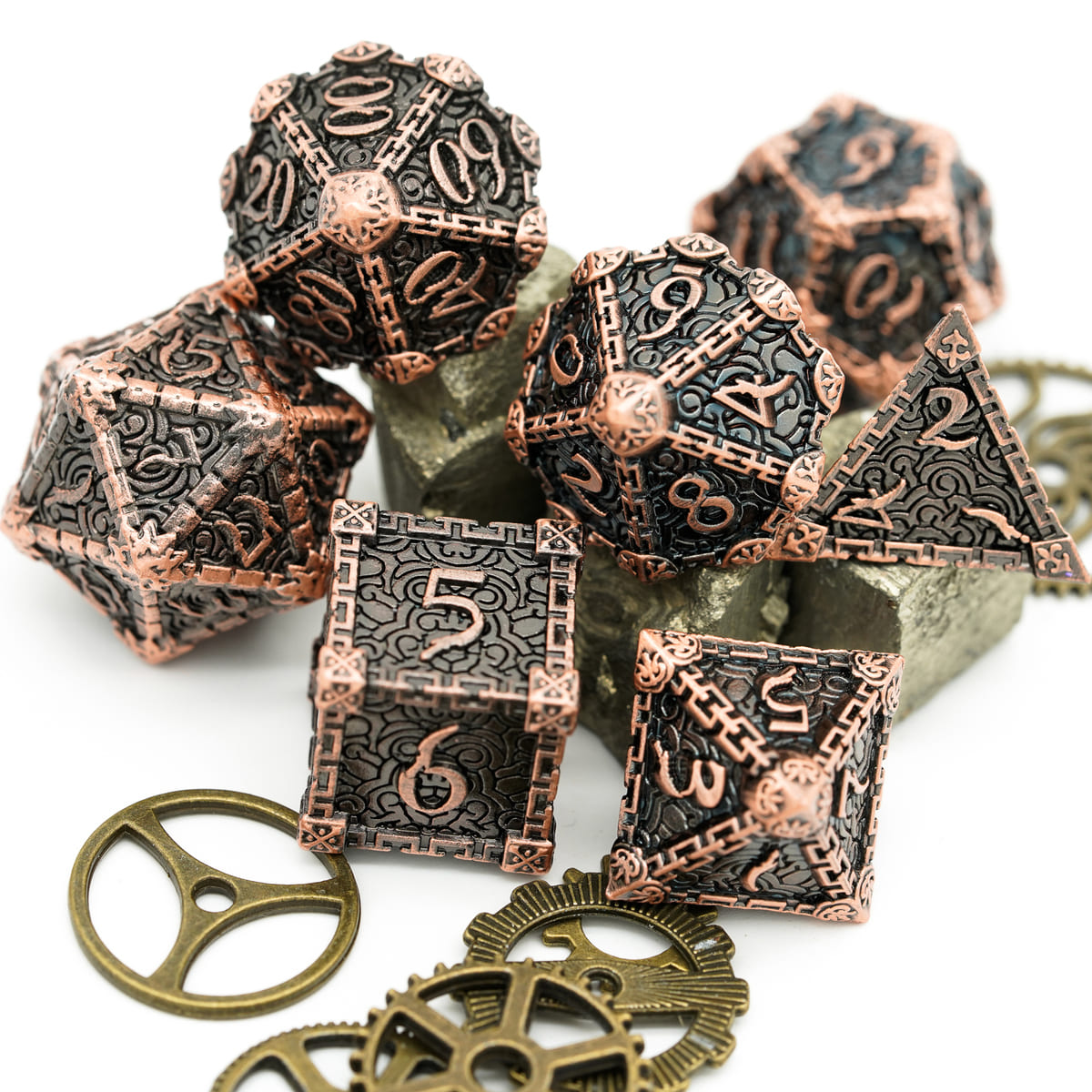 Bronze Blade metal dagger dice set with gears, bronze engraved design for DnD and RPG