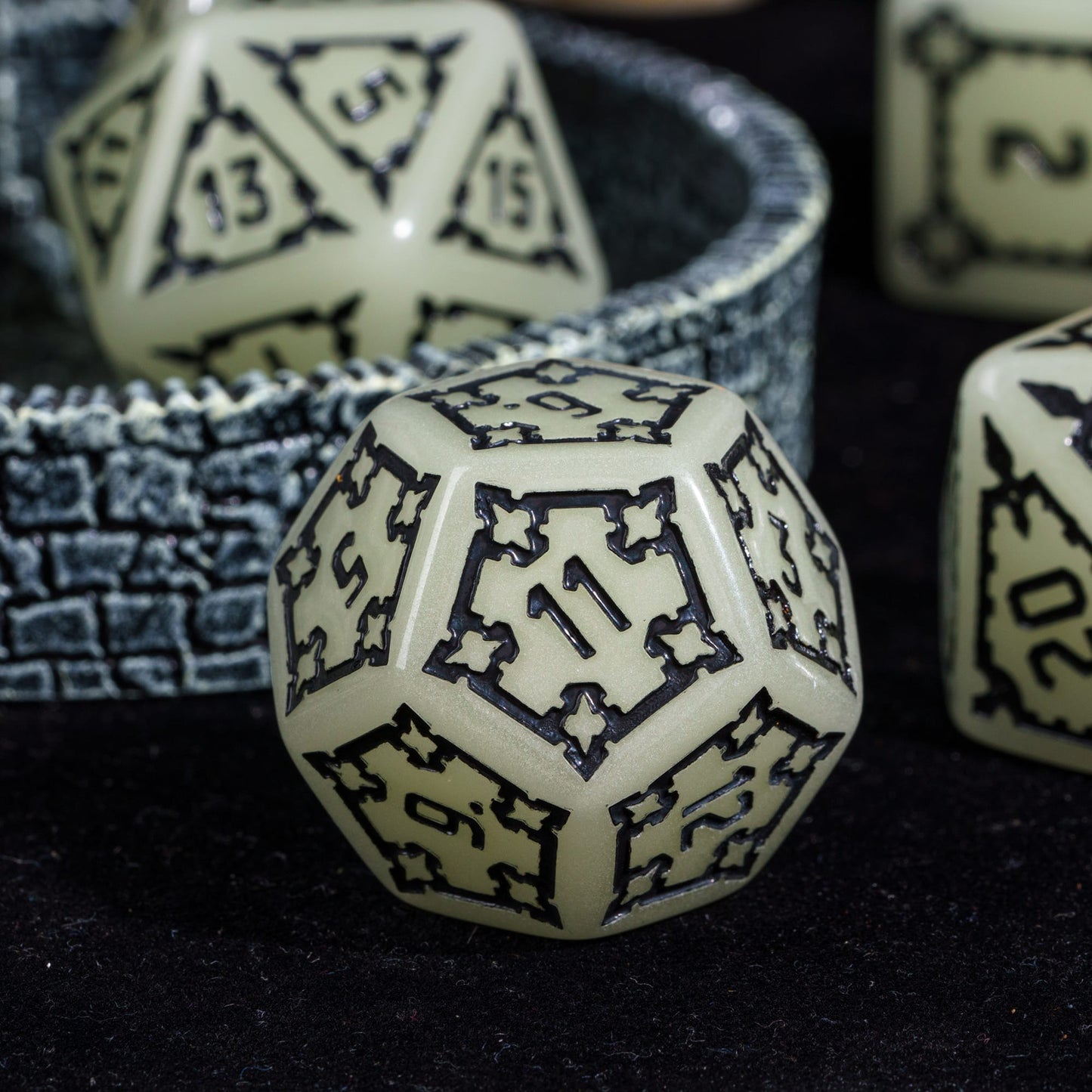 Castle Glow & Black Huge Dice Set closeup of D12 with black gothic numbers for DnD & DnD 5e