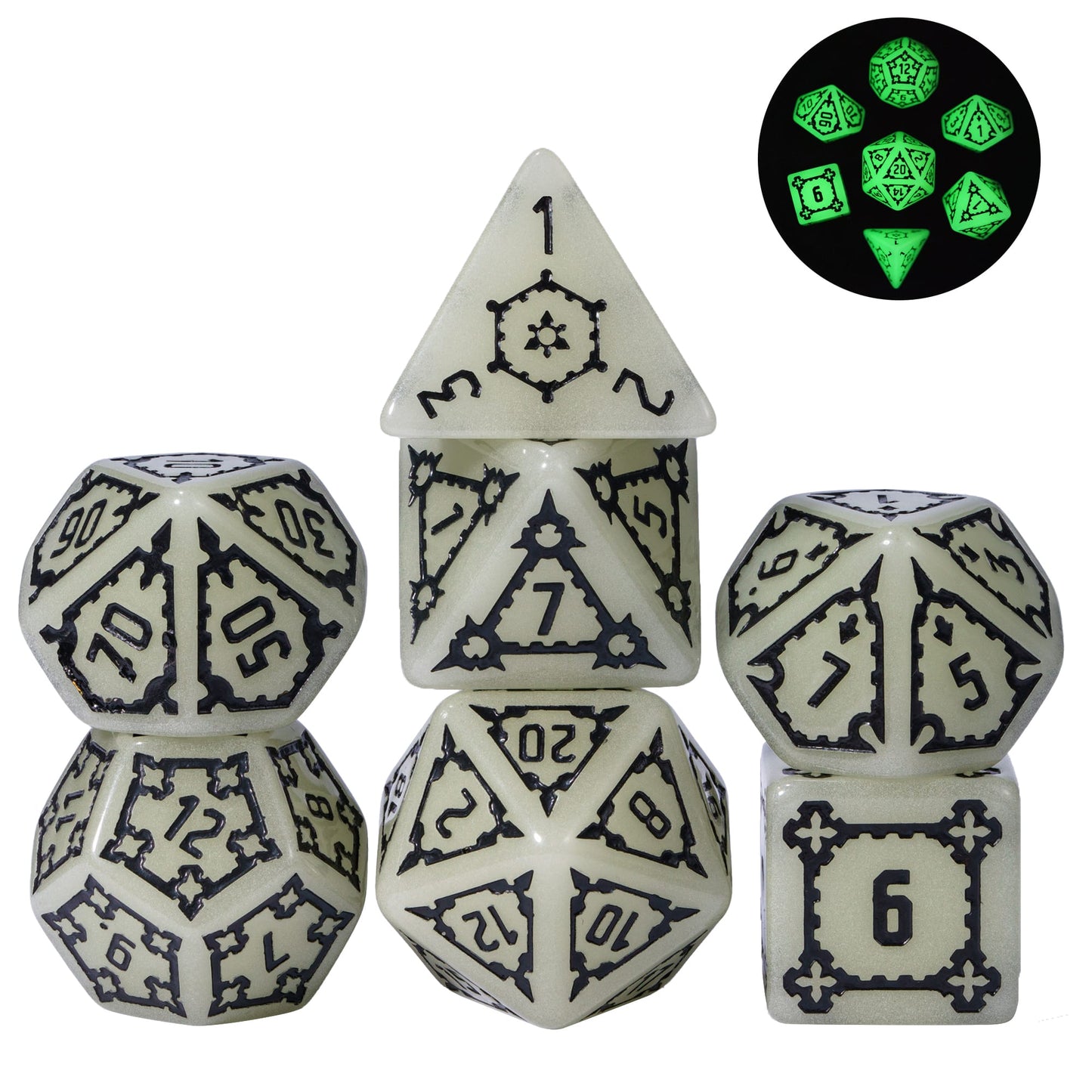 Castle Glow & Black Huge Dice Set glowing in the dark with gothic black numbers for DnD & DnD 5e