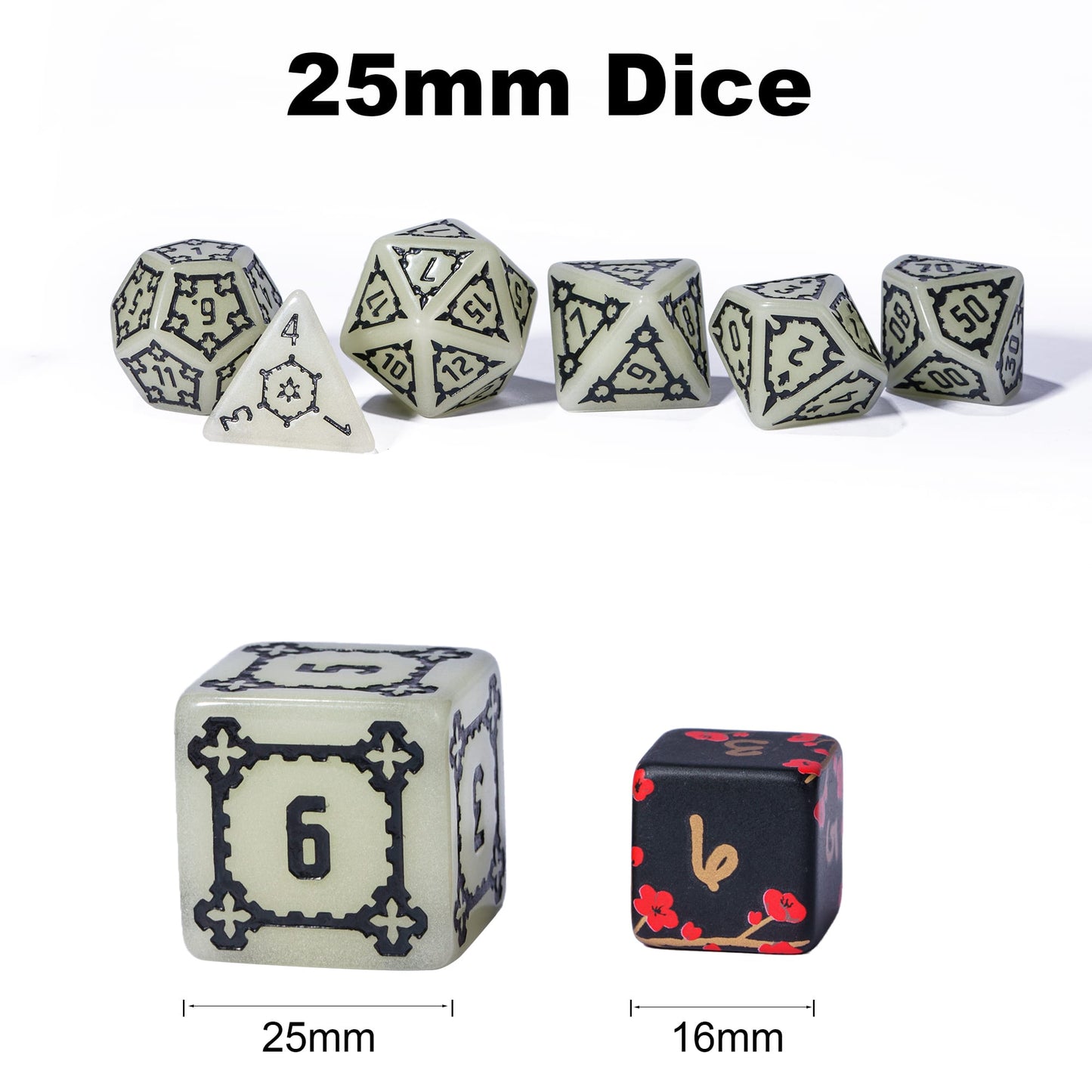 Castle Glow & Black Huge Dice Set 25mm size comparison with standard dice for DnD & DnD 5e