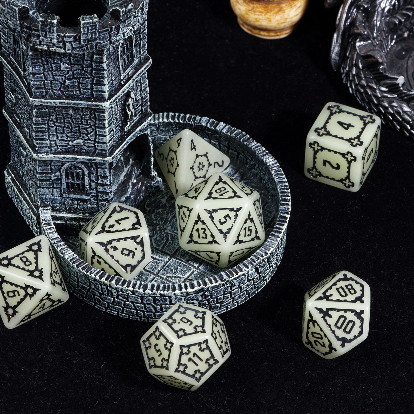 Castle Glow & Black Huge Dice Set displayed with dice tower for DnD & DnD 5e