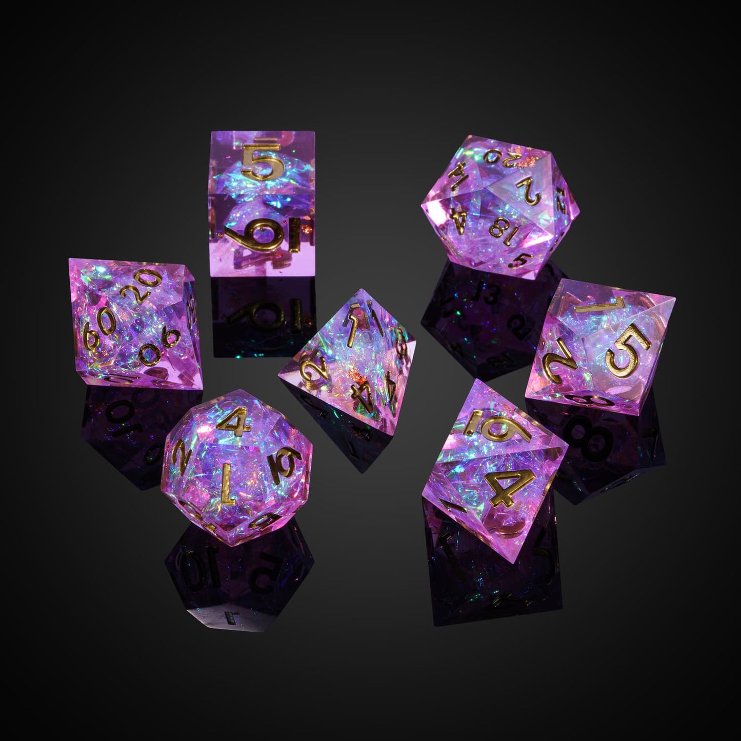 Loose Celestial Heart DND dice set with pink shimmer
