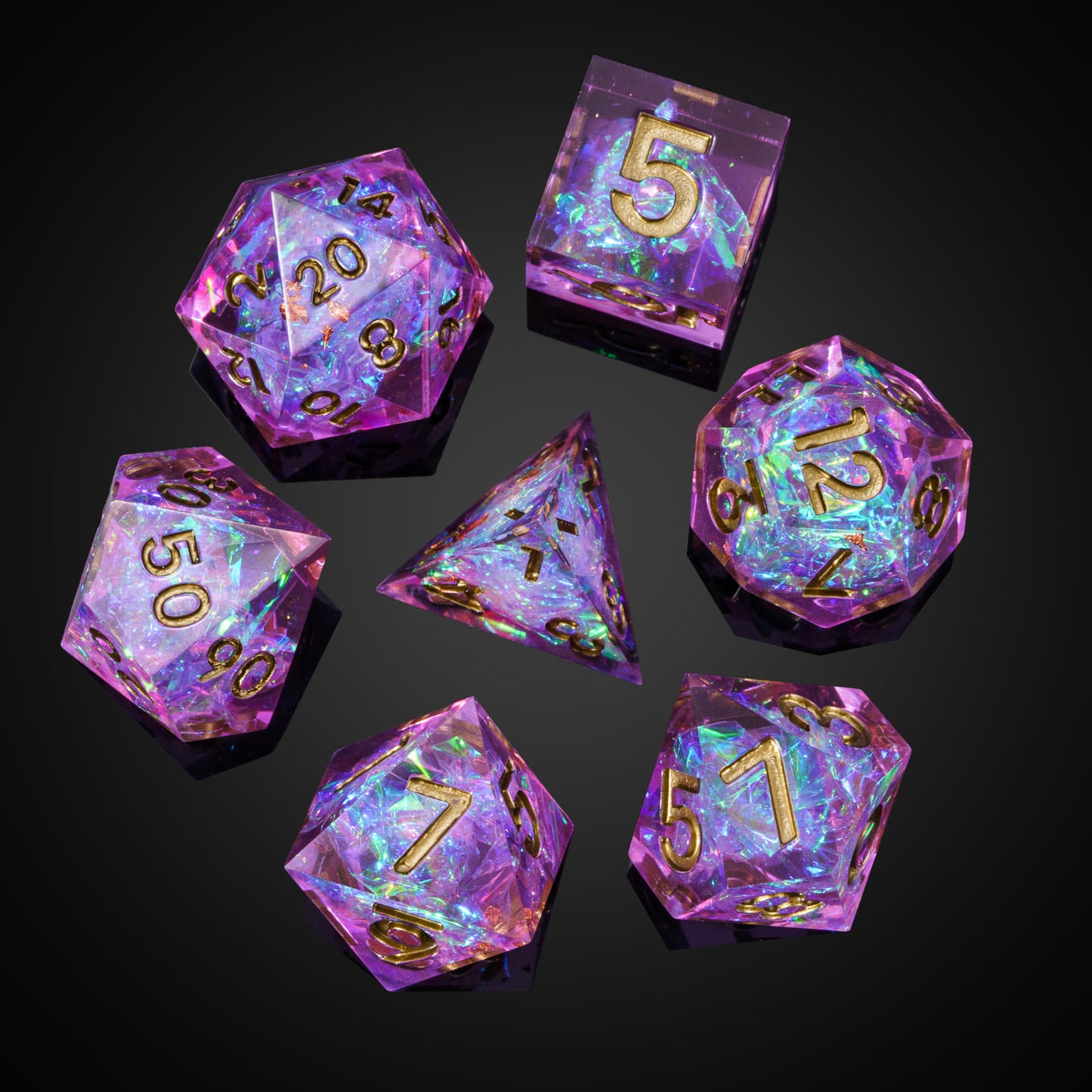 Top view of Celestial Heart polyhedral dice set