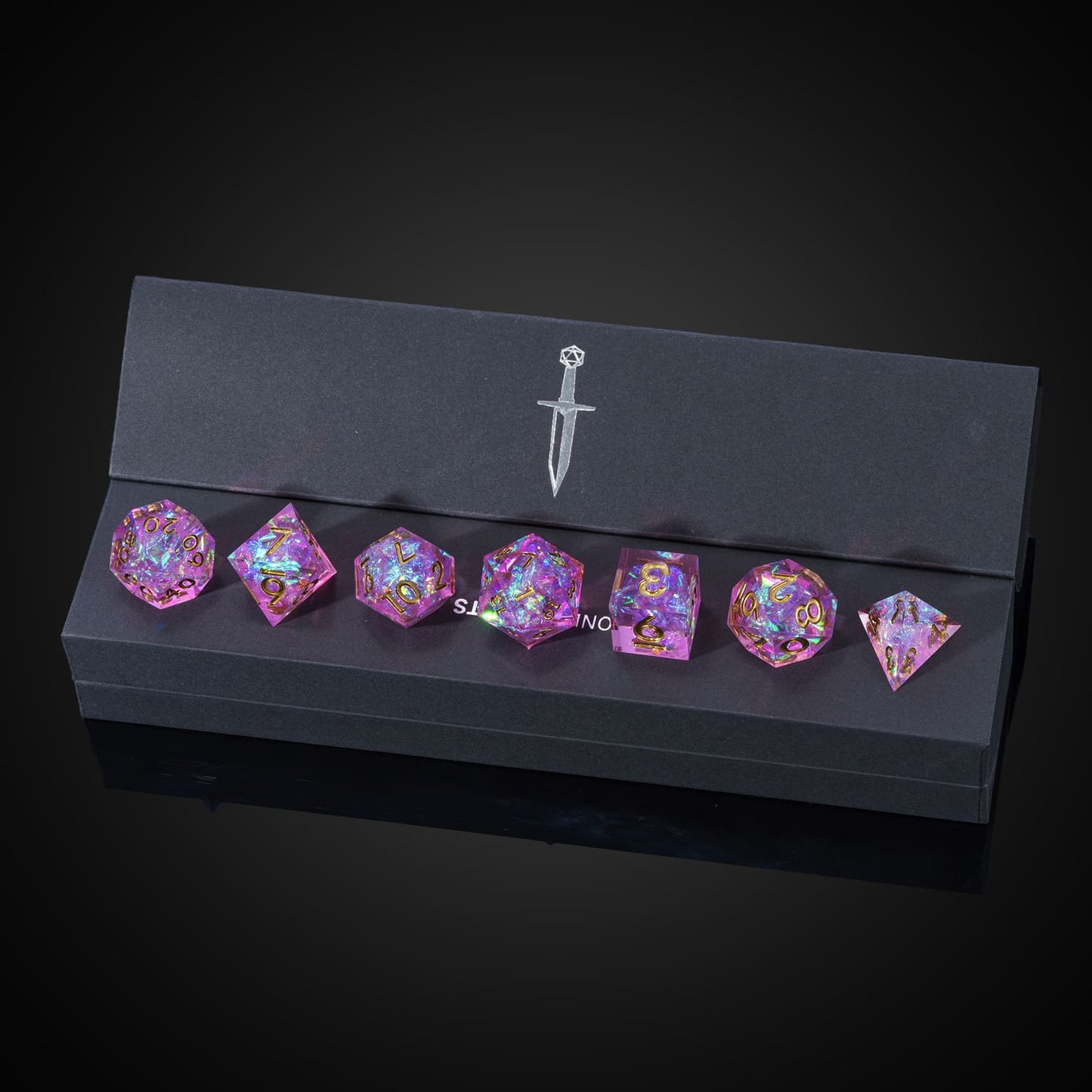 Celestial Heart sharp edge DND dice set in display case