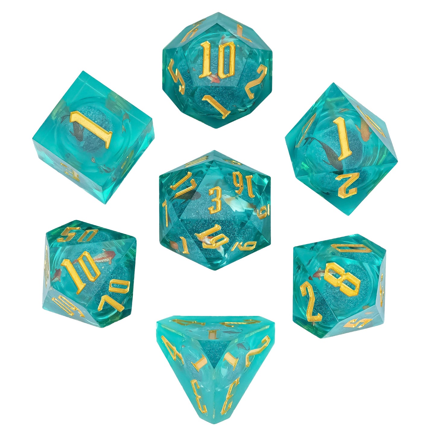 Flat lay of Celestial Reef sharp edge dice set with teal resin and gold numbers
