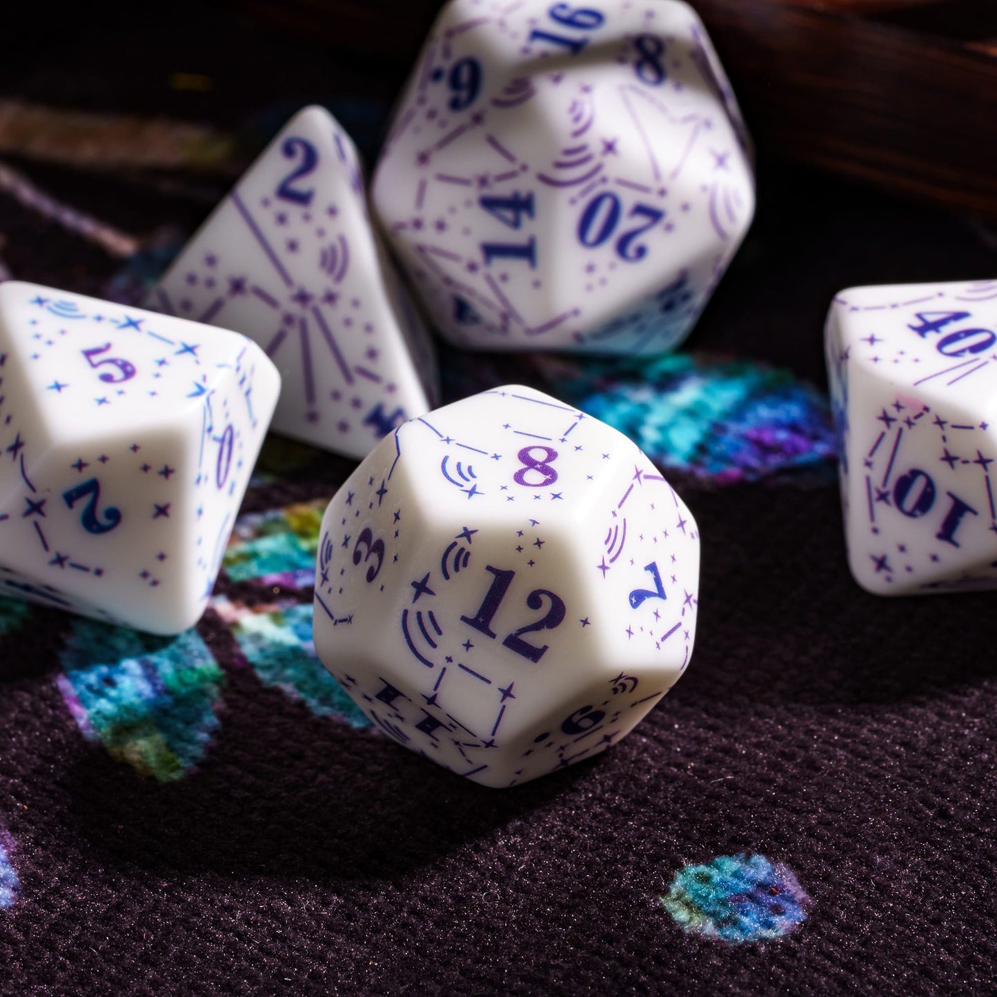 Closeup of Celestial Symphony Dice Set d20 with constellation pattern for DnD & DnD 5e