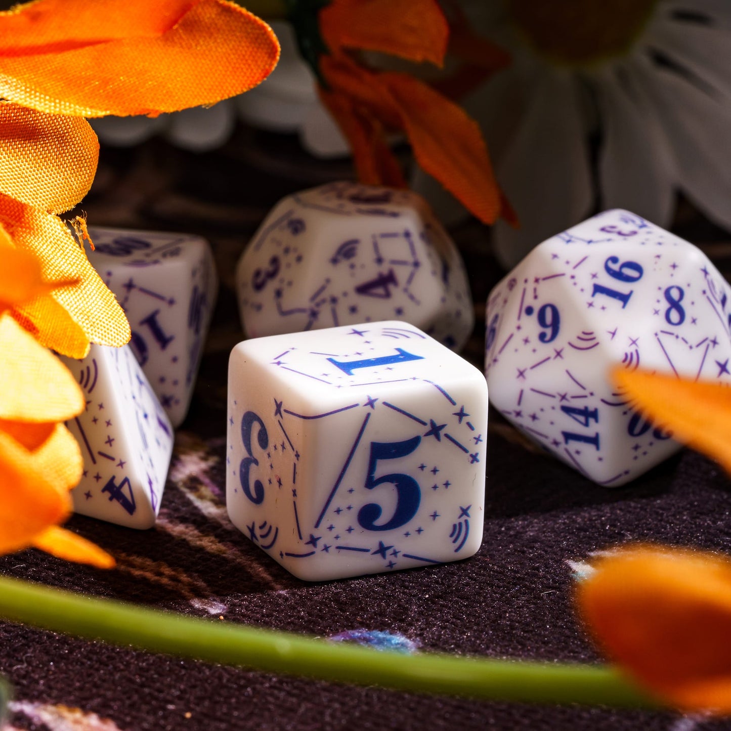Focus on Celestial Symphony Dice Set die with constellation and star details for DnD & DnD 5e