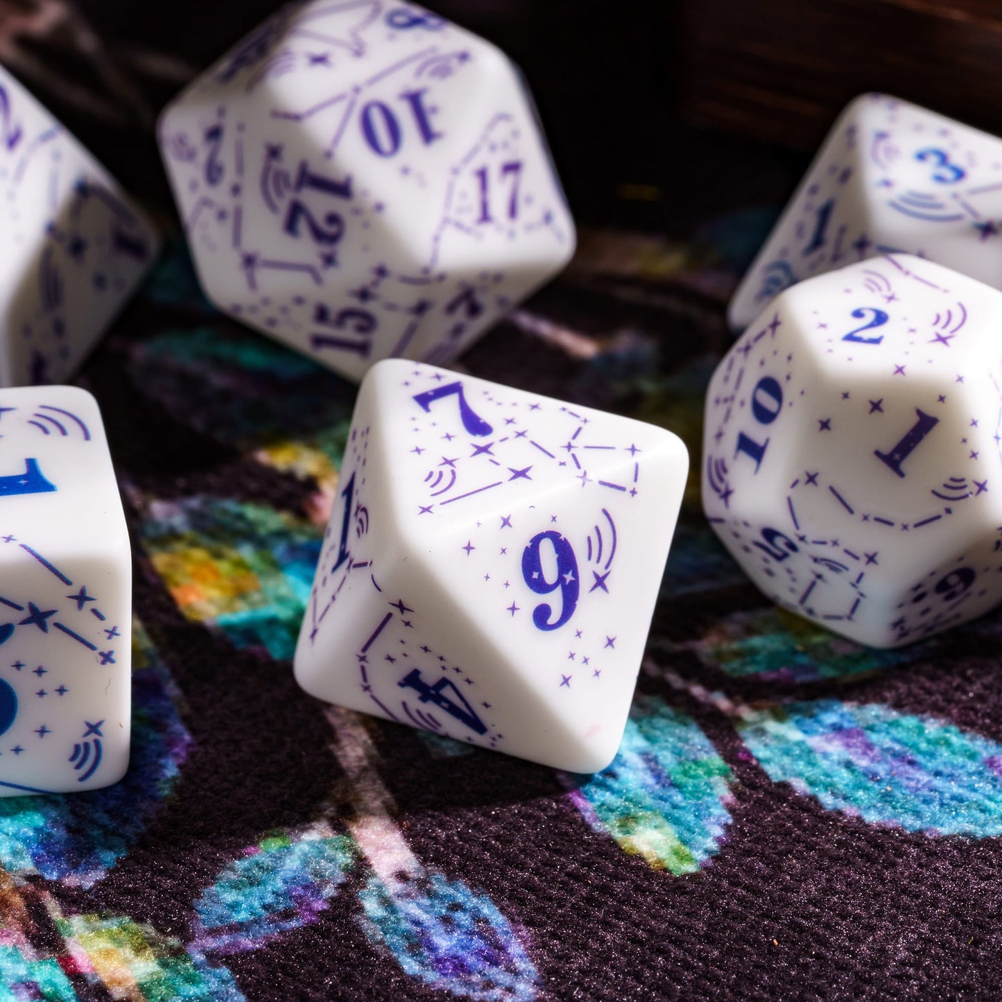 Celestial Symphony Dice Set group of dice with star and constellation designs for DnD & DnD 5e