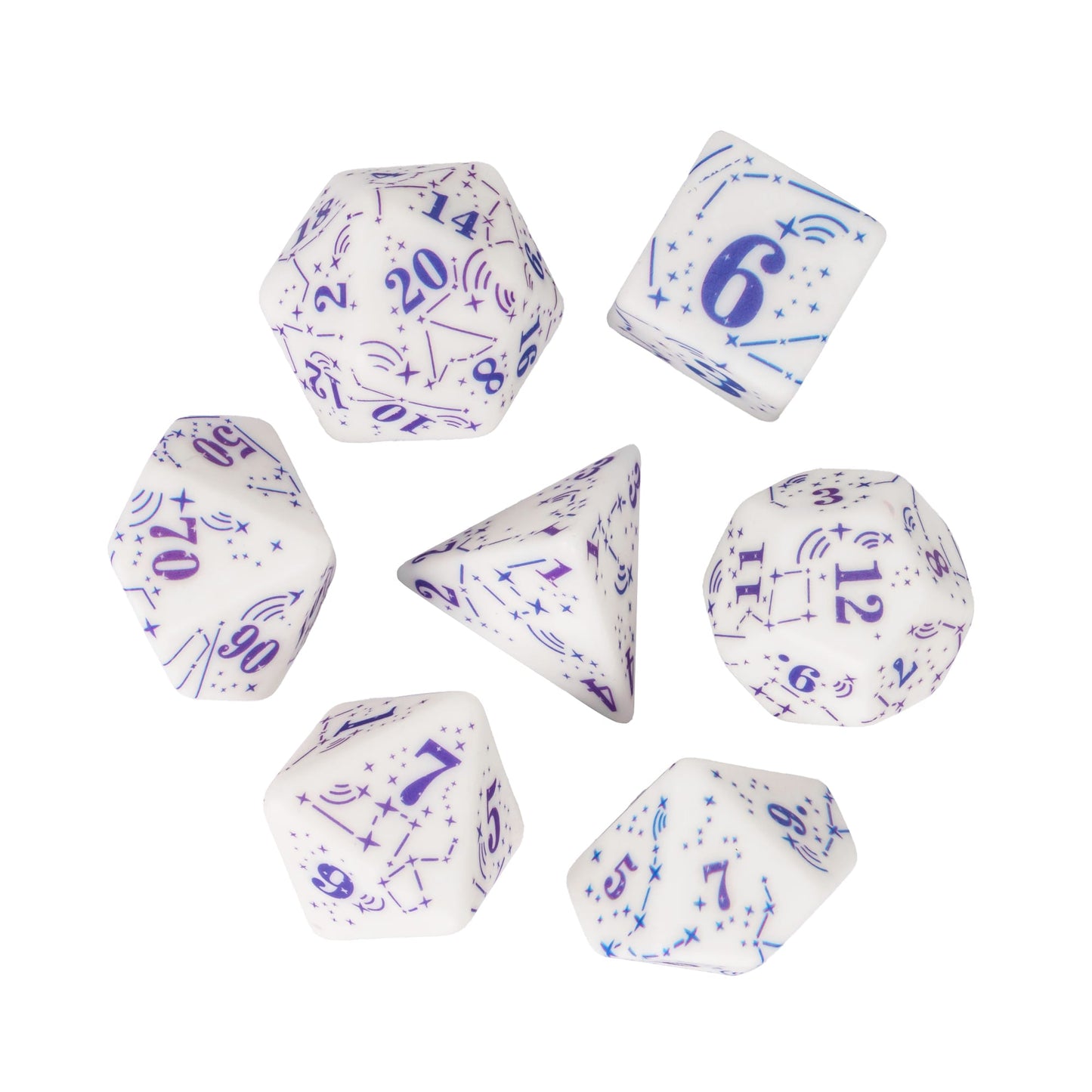 Flat lay of Celestial Symphony Dice Set 7 piece constellation dice collection for DnD & DnD 5e