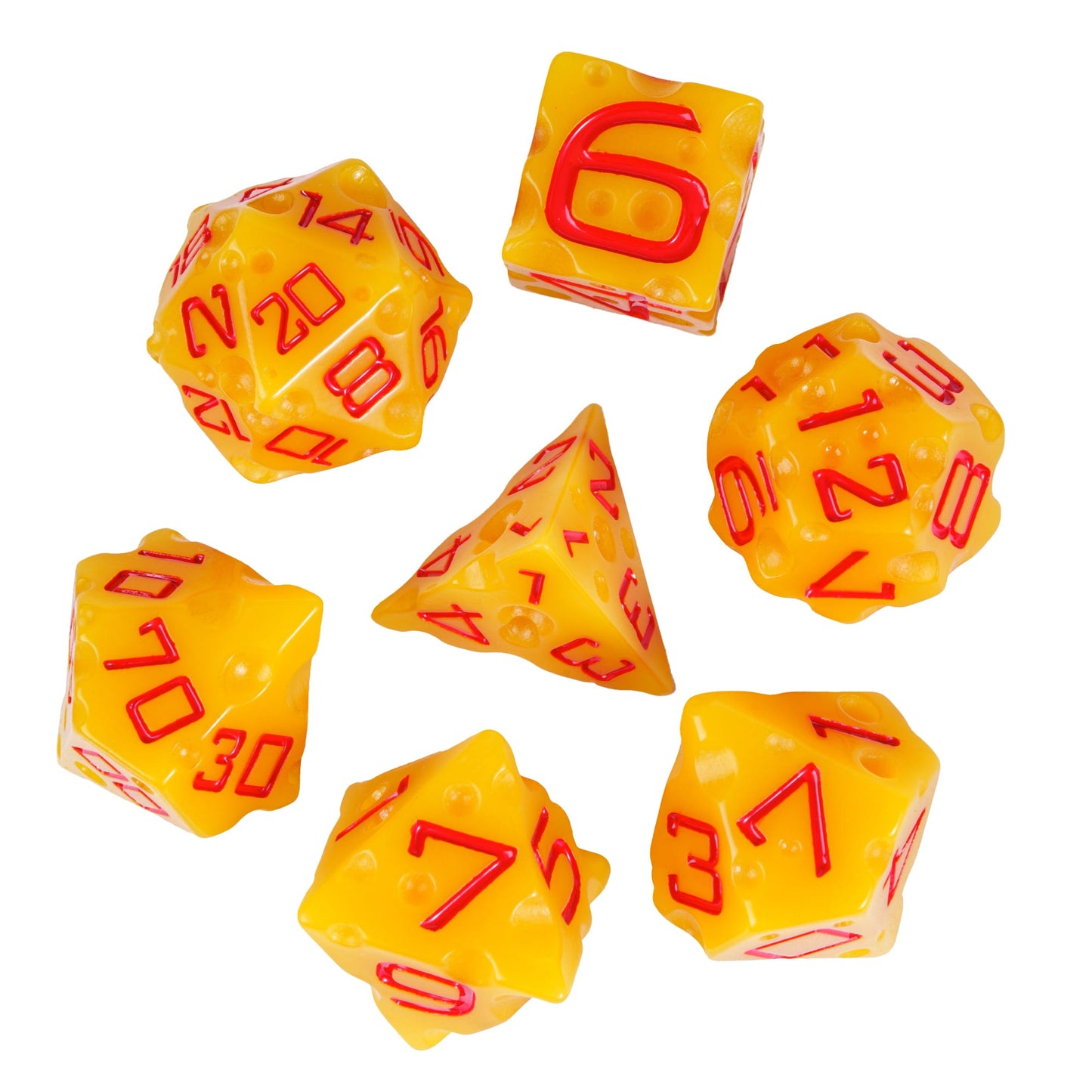 Flat lay of Cheese Dice Set, 7 piece yellow dice with red numbers for DnD & DnD 5e