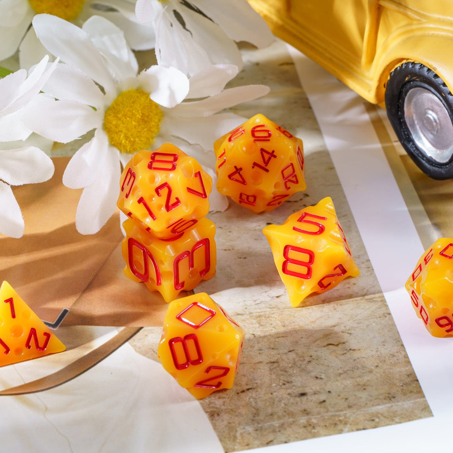 Cheese Dice Set with daisies and yellow toy car, 7 piece RPG dice set for DnD & DnD 5e