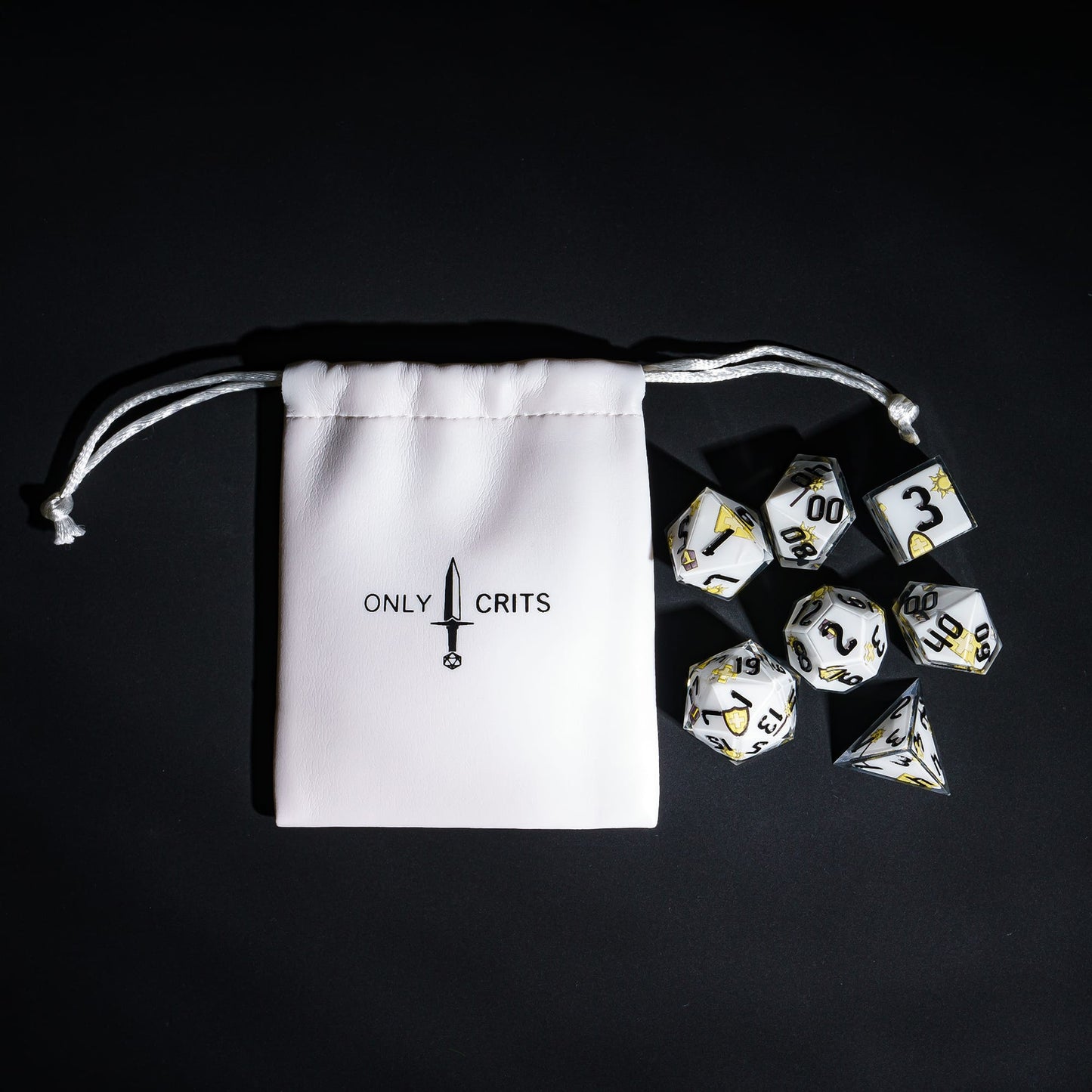 White Cleric Dice Set with Only Crits bag, pastel 7 piece sharp edge dice for DND 5e
