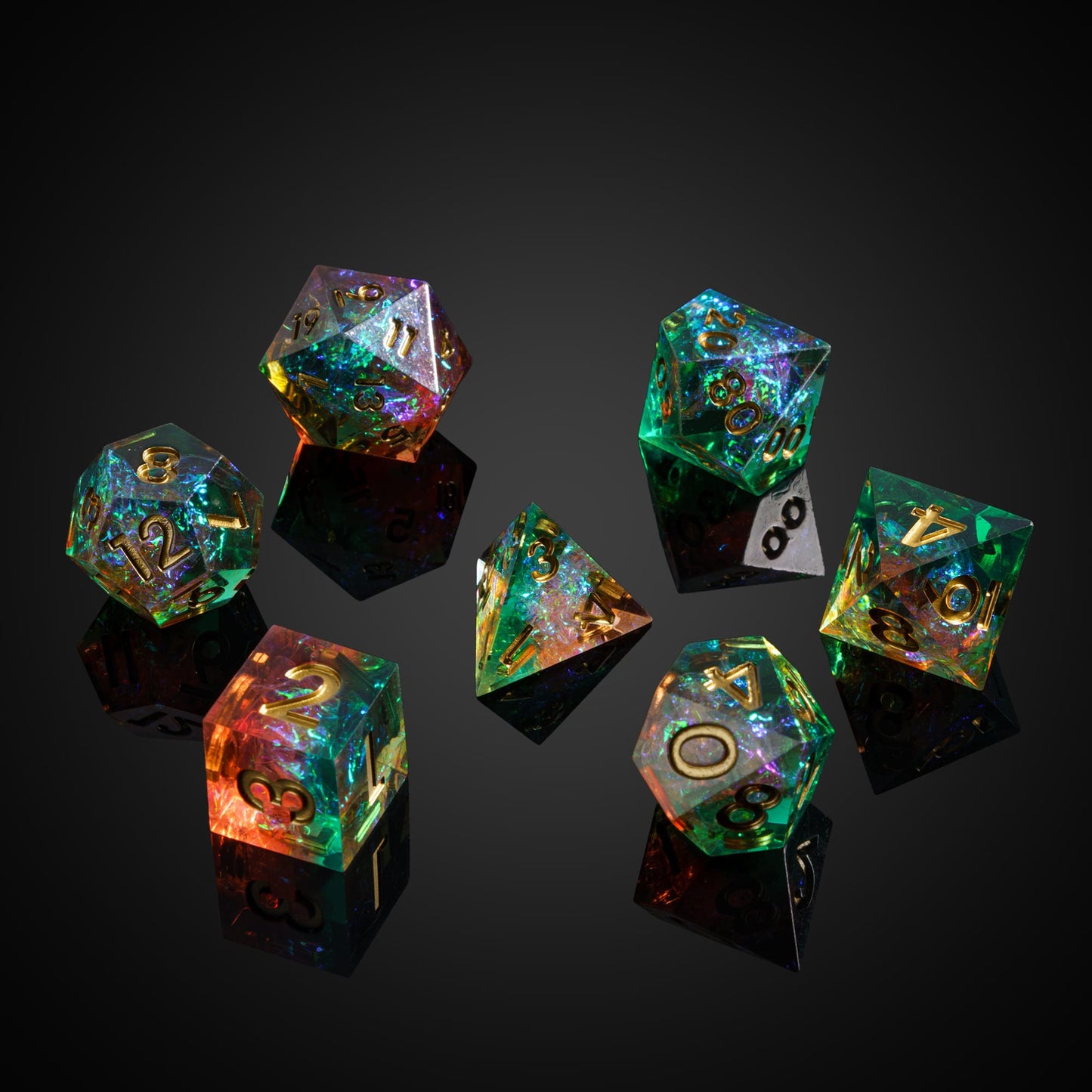 Constellations Essence sharp edge dice set for DnD and tabletop RPG, multicolor resin with gold numbers