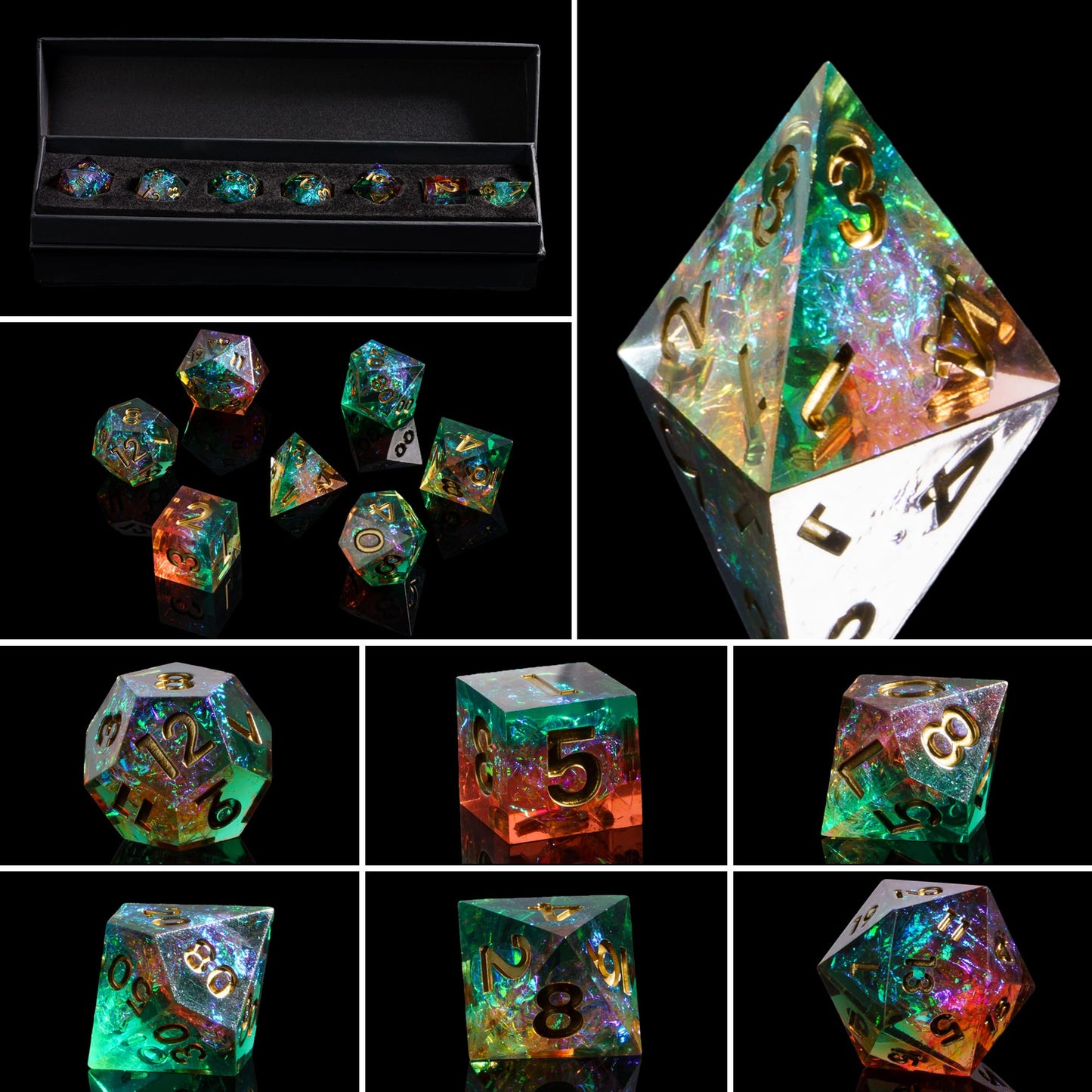 Constellations Essence sharp edge dice set multi-angle display for DnD and RPG, multicolor resin with gold numbers