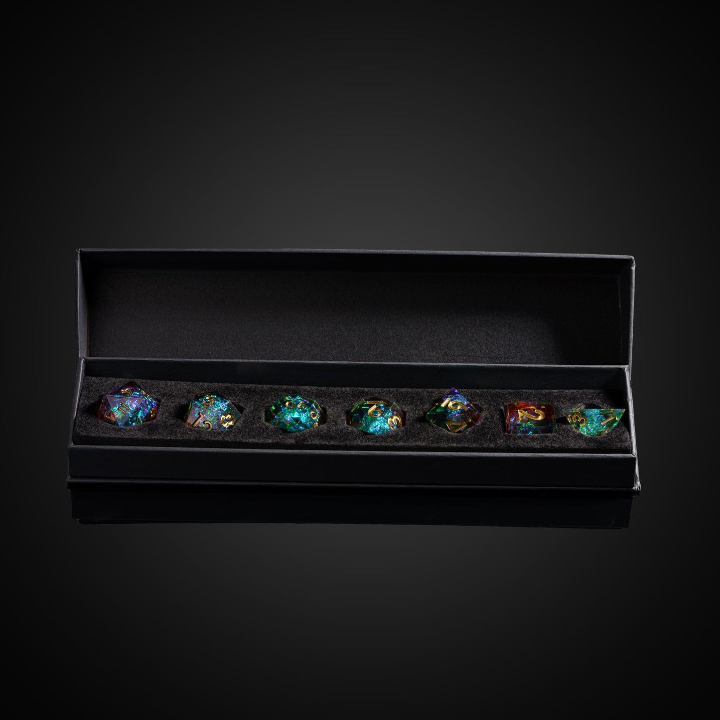 Constellations Essence sharp edge dice set in open box for DnD and tabletop RPG, multicolor resin with gold numbers