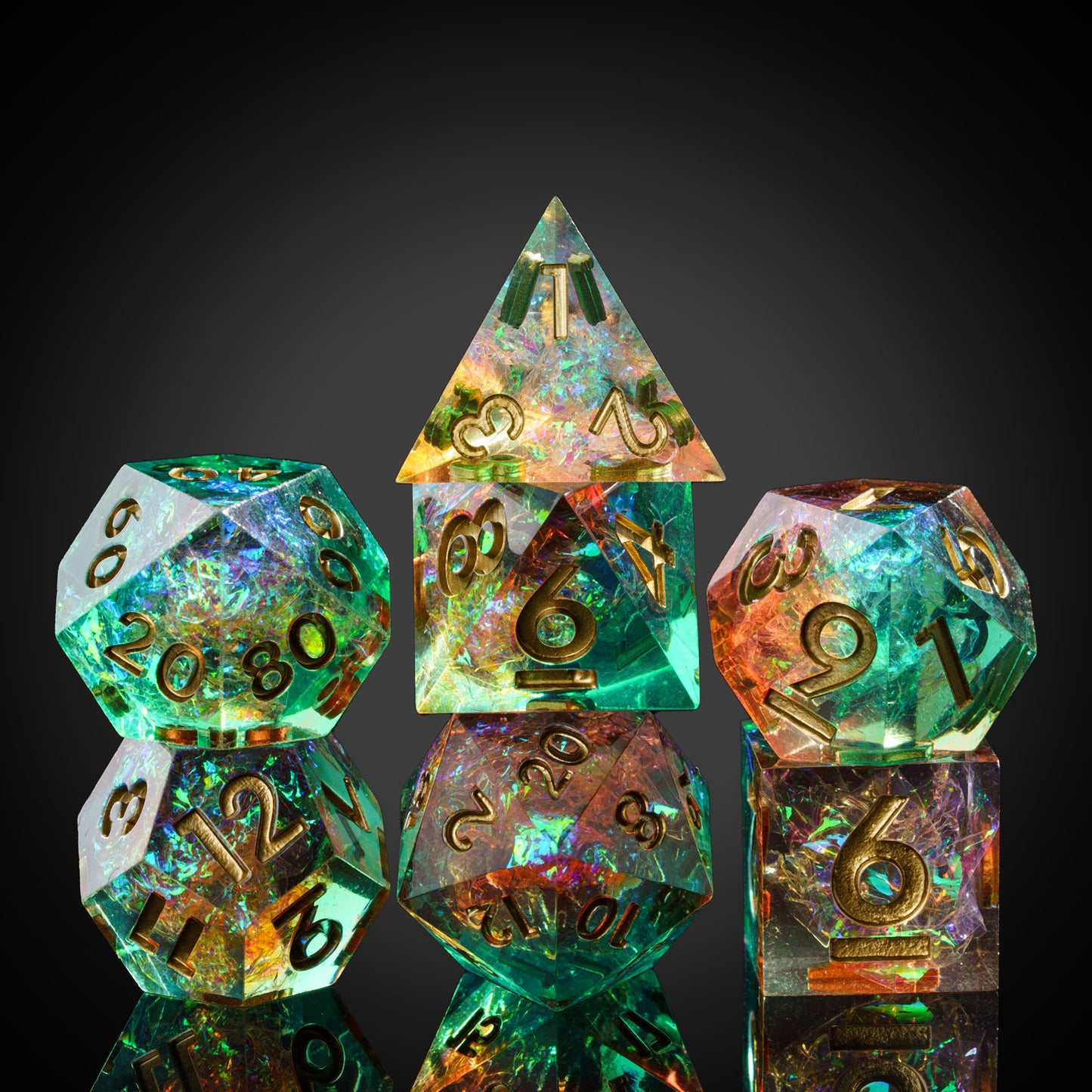 Constellations Essence sharp edge dice set stacked for display, multicolor resin with gold numbers
