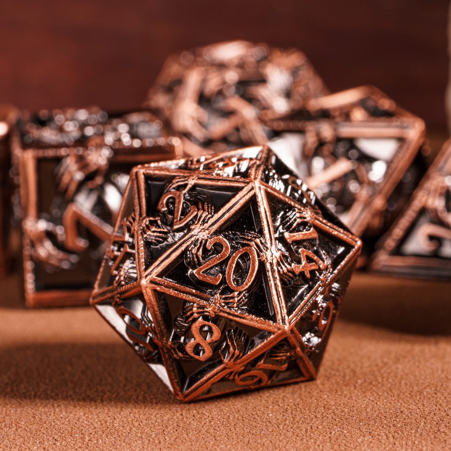 Copper Relic Metal Dice Set closeup of D20 die with copper finish