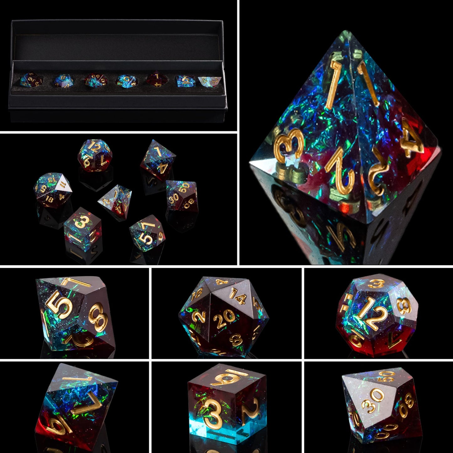 Corrupted Cobalt sharp edge dice set product collage showing all dice angles