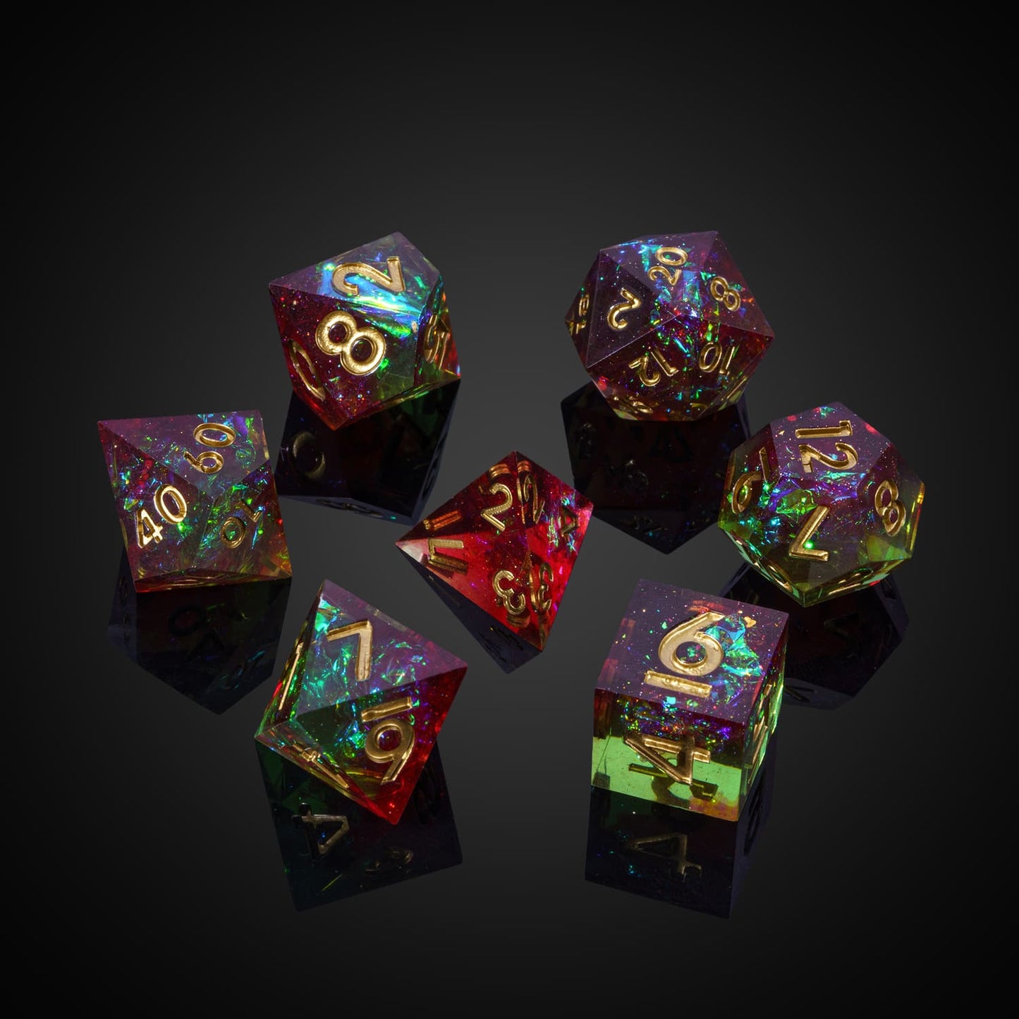 Corrupted Meadow sharp edge dice set arranged for DnD and DnD 5e players