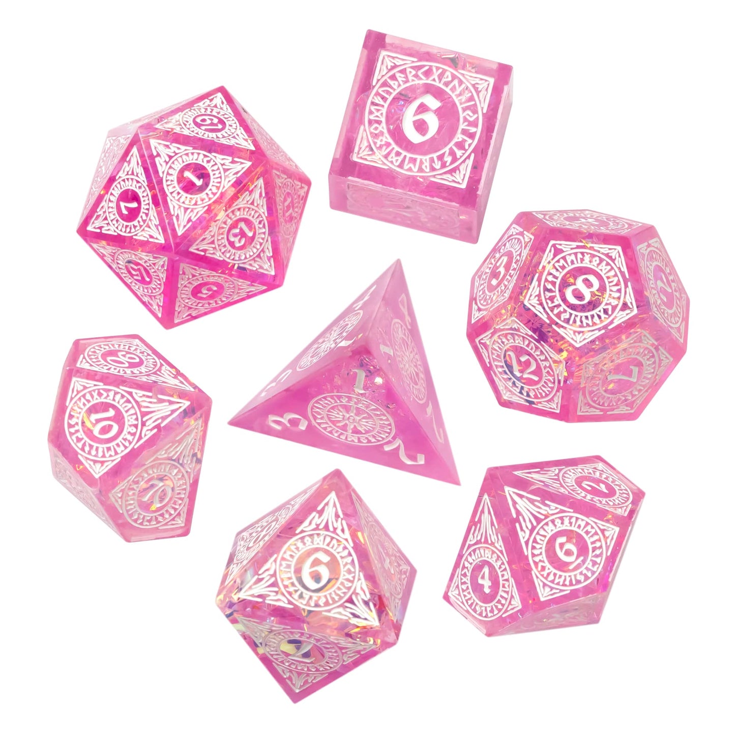 Flatlay of Cotton Candy Dream pink sharp edge polyhedral dice set for tabletop RPGs