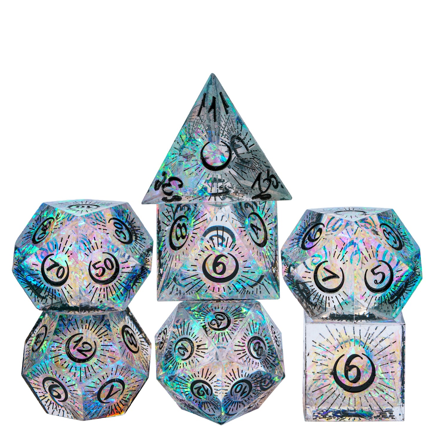 Crescent Moon Transparent Sharp Edge Dice Set 7 piece resin dice for DnD & TTRPG
