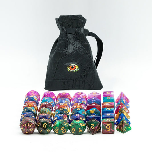Full resin Dragon Eye dice collection displayed with eye dice bag