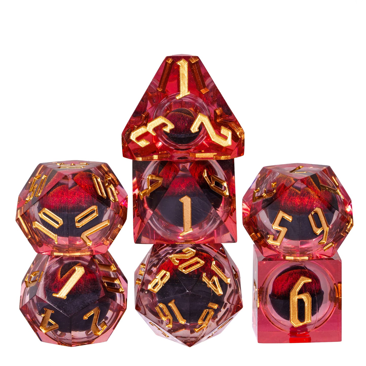 Red Dragon Eye dice set, resin polyhedral dice with gold numbers for DnD & RPG players