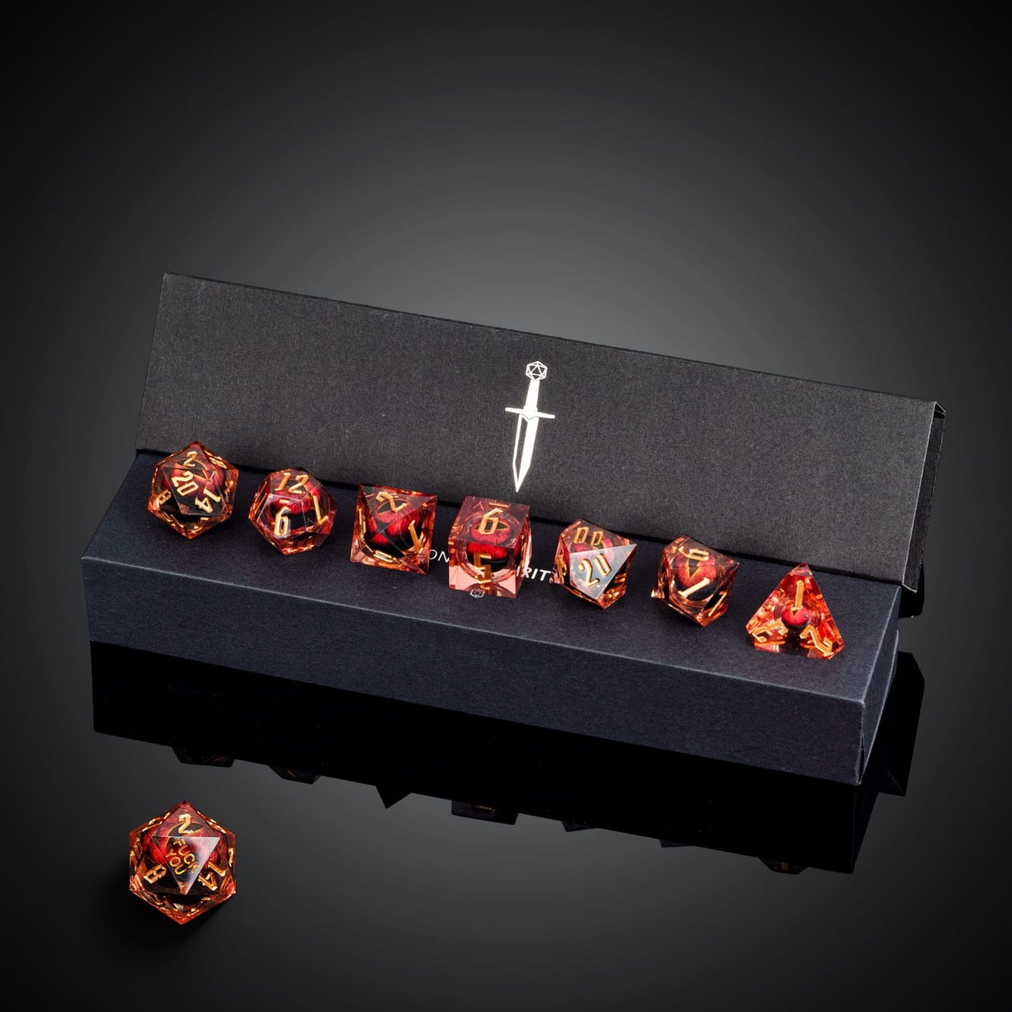 Dragon Eye (Red) F*ck Me Sharp Edge Dice Set displayed in black presentation box with sword logo