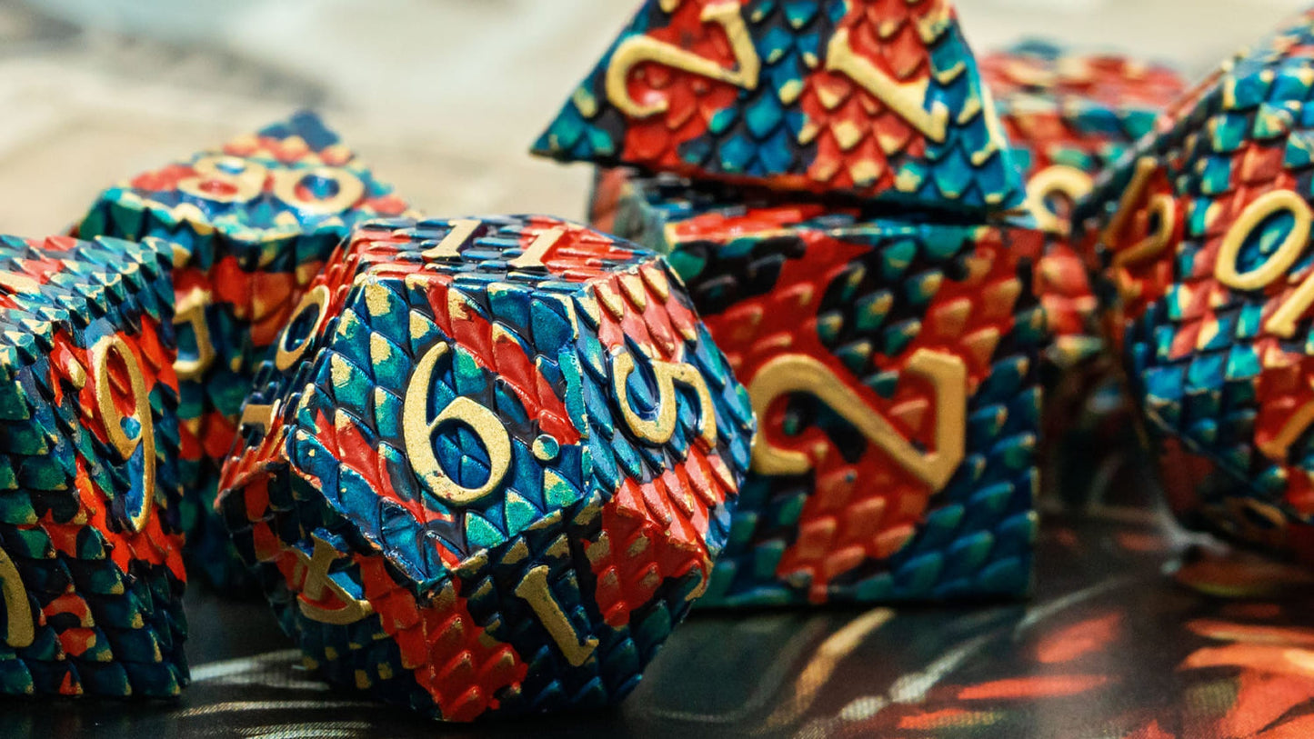 Red, blue & Green Dragon Scales Metal Dice Set, 7 piece textured dice for DND 5e players