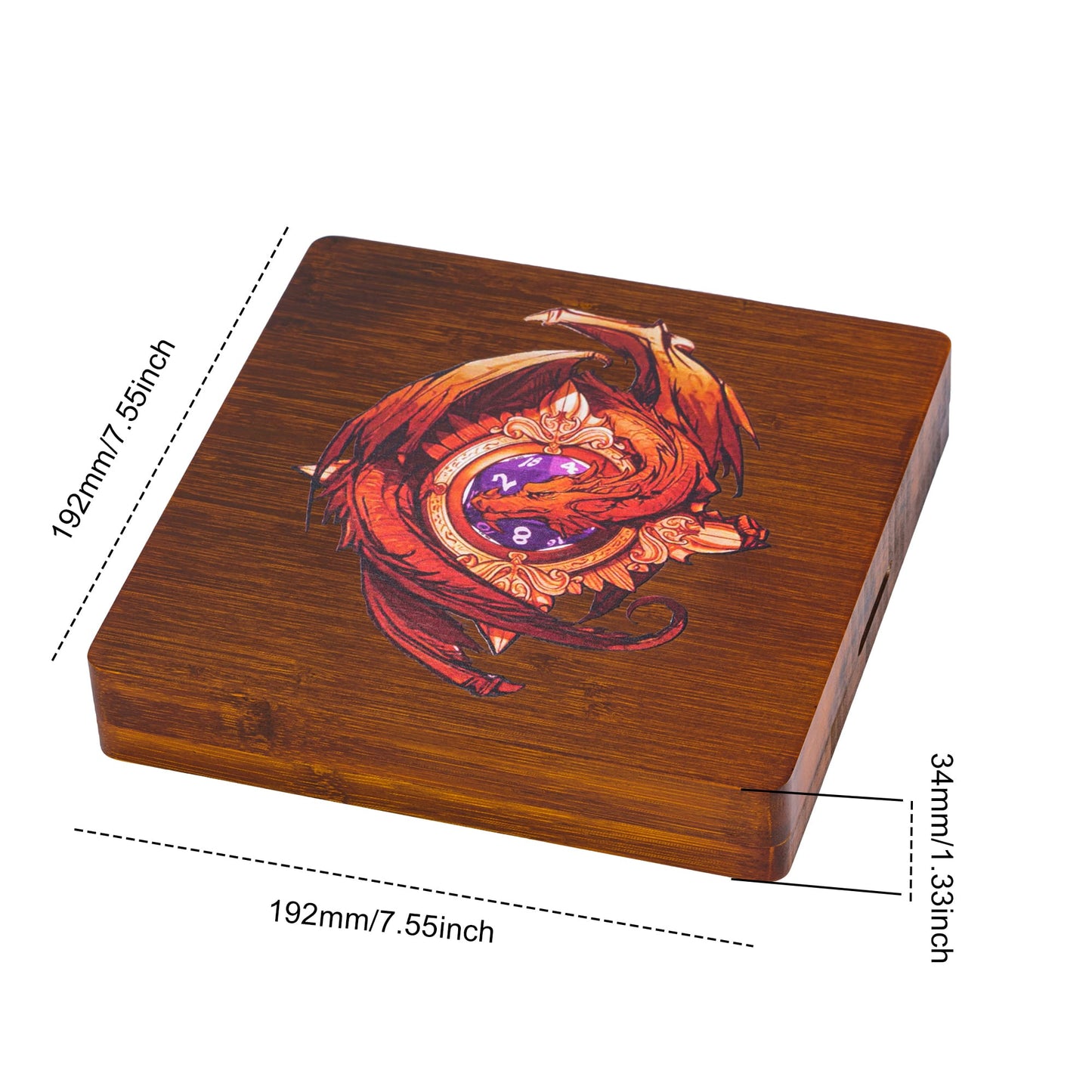Dragon’s Embrace dice tray size chart with width and height measurements in millimeters