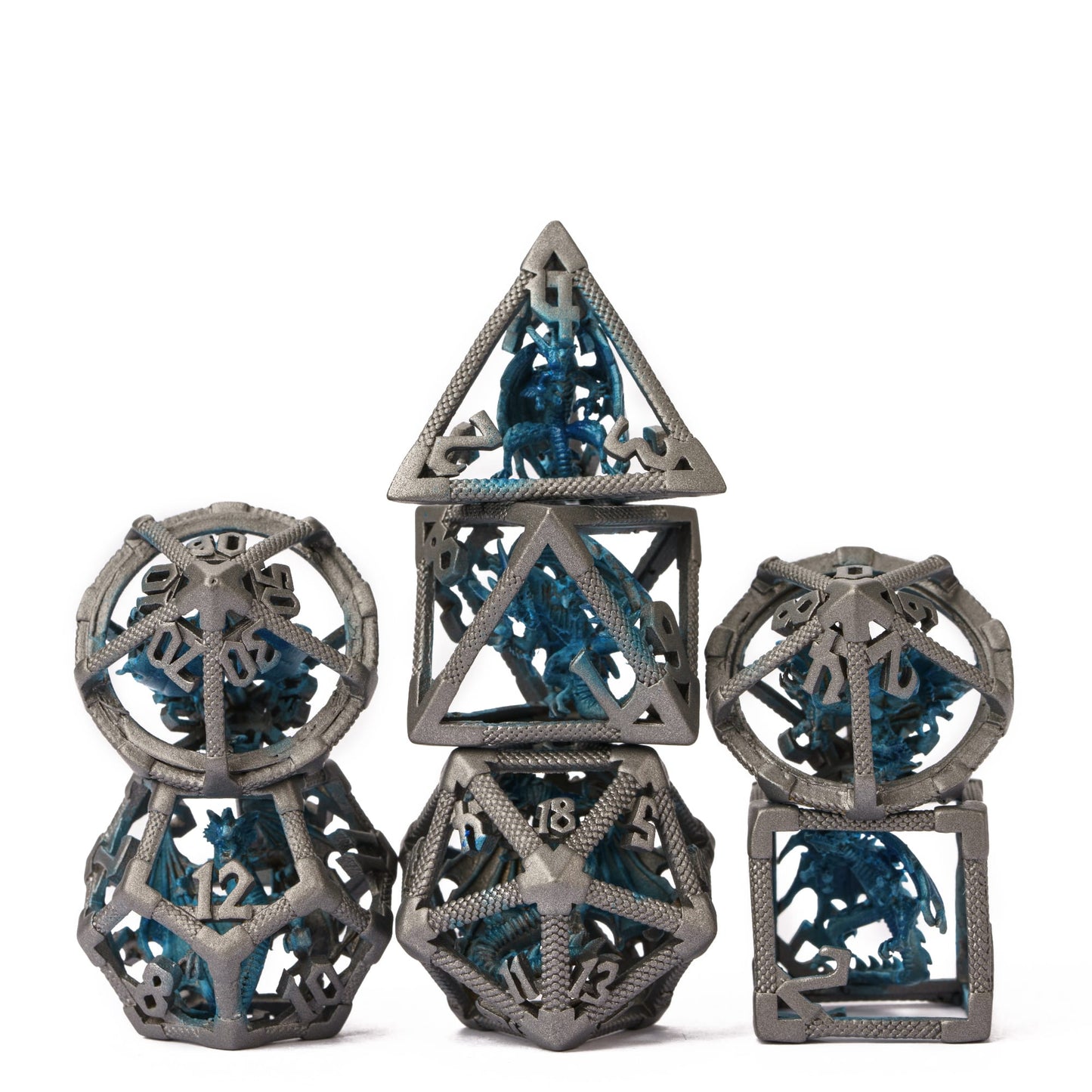 Drake's Nest Hollow Metal Dice Set in Gray Blue finish, 7 piece DnD & DnD 5e dice collection