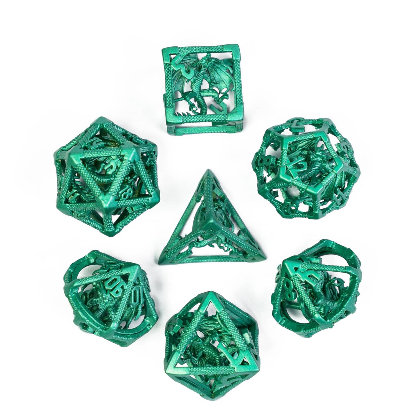 Drake's Nest Hollow Metal Dice Set in Green finish, 7 piece DnD & DnD 5e dice collection