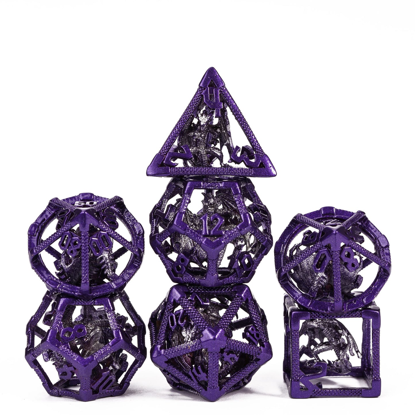 Drake's Nest Hollow Metal Dice Set in Purple Silver, 7 piece DnD & DnD 5e dice collection