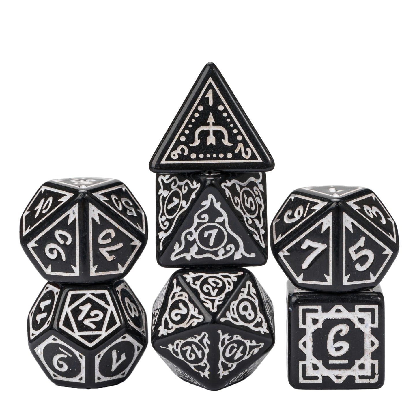 Black & white Druidic Life Dice Set, 7 piece fantasy dice with detailed etchings