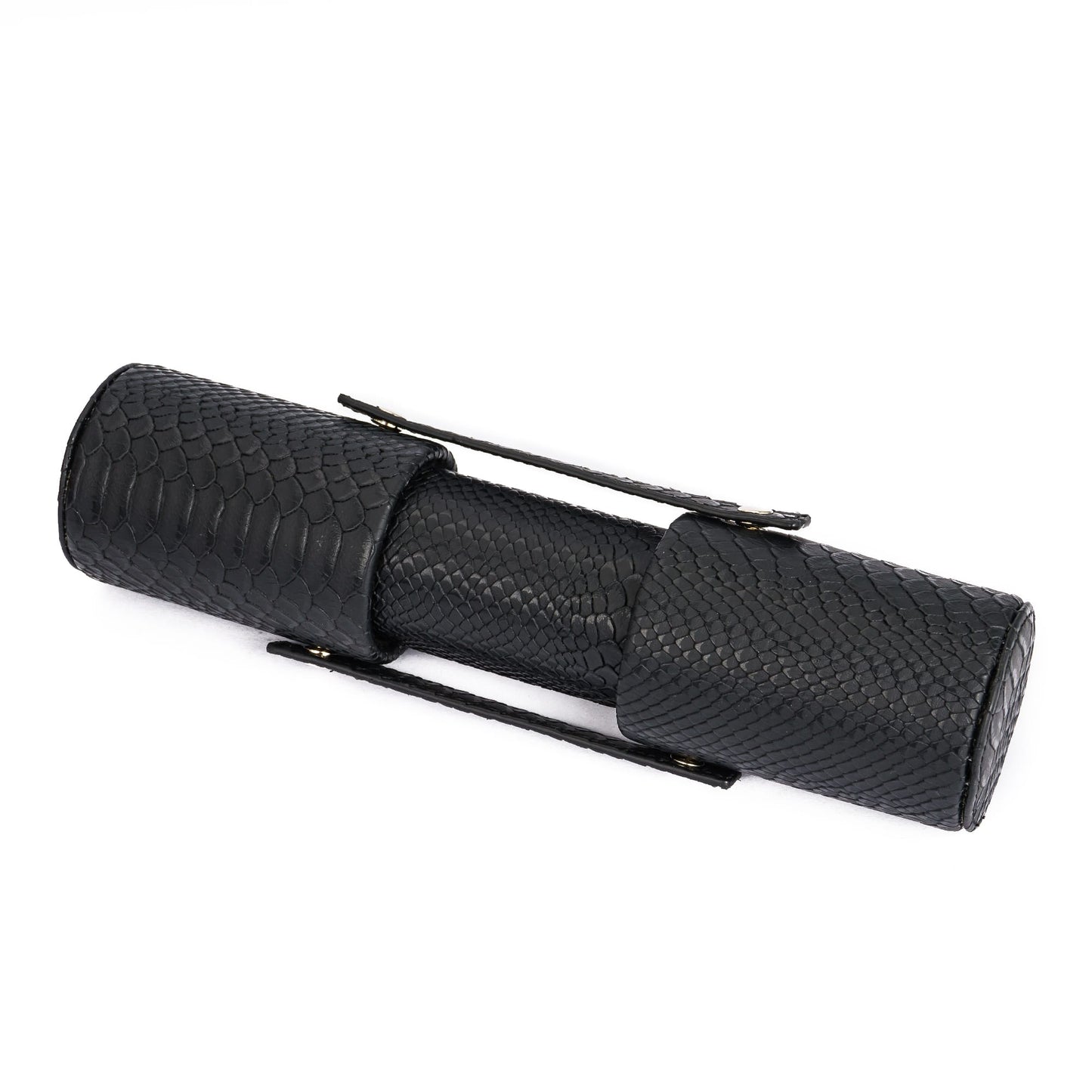 Black Dungeon Master Dice Case closed in cylindrical form, textured with dragon scale pattern for DnD dice