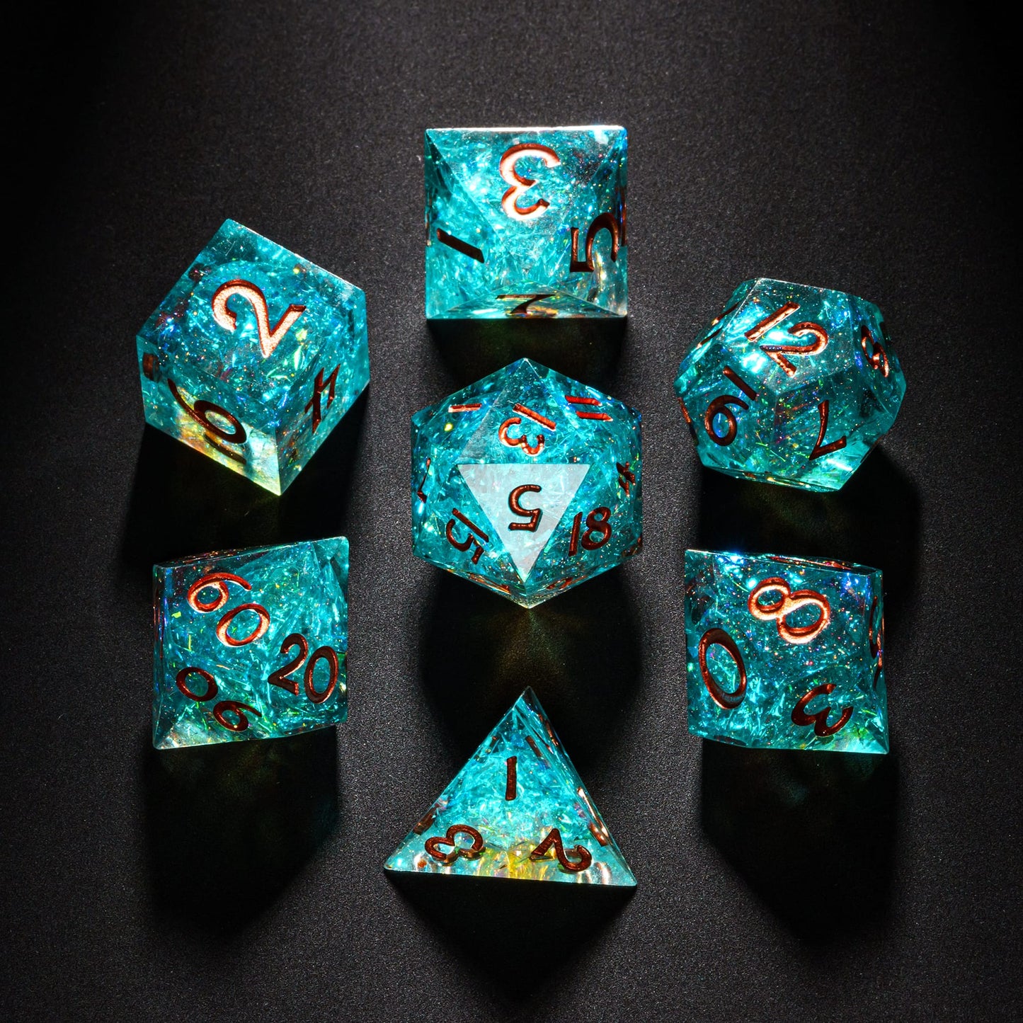 Full 7-piece Echoes of Atlantis Sharp Edge Dice Set neatly displayed, perfect for DnD & DnD 5e.